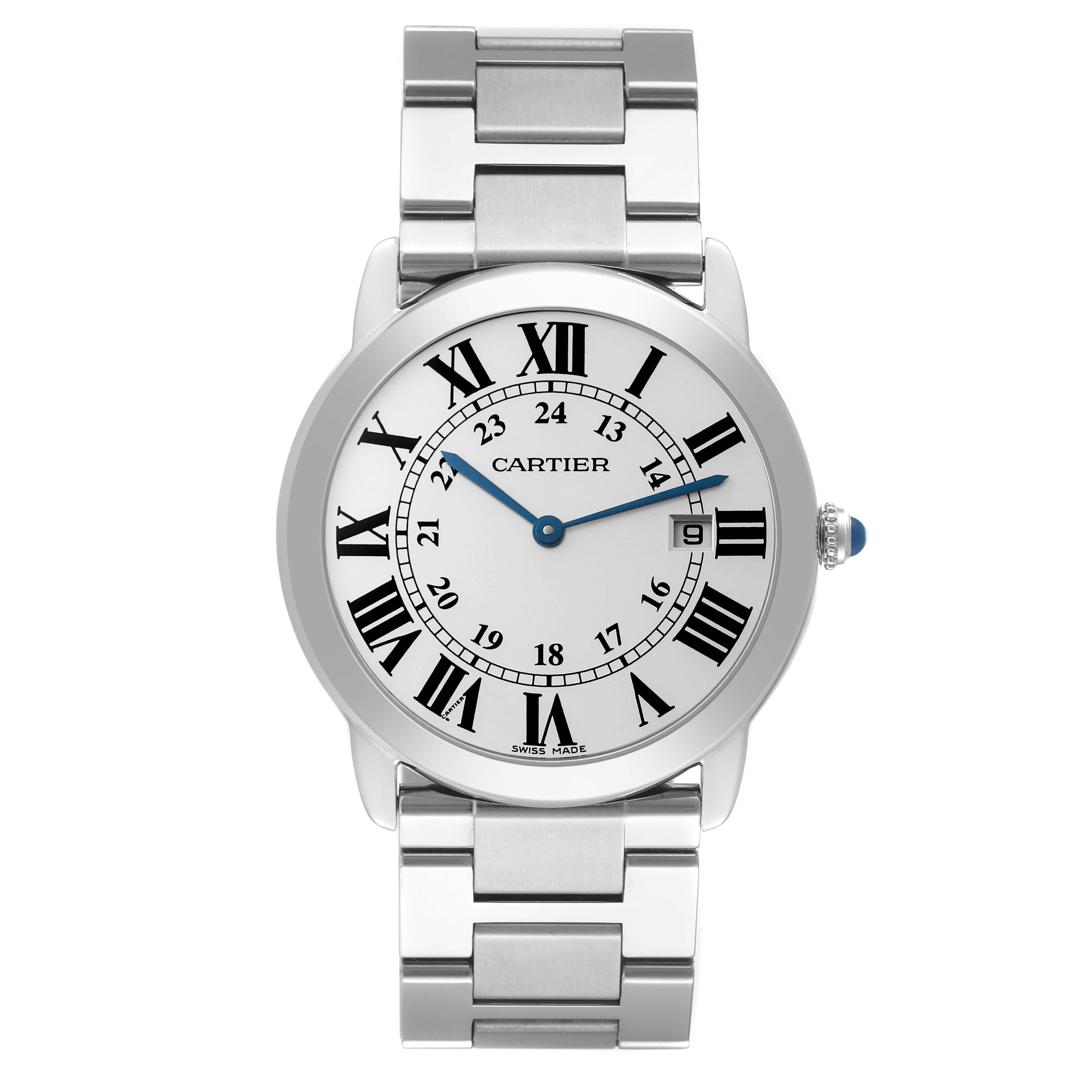 The image shows a front view of the Cartier Ronde W6701005 Men
s Stainless Steel Silver Dial W6701005 Men
s Stainless Steel Silver Dial model watch, displaying its dial, hands, bracelet, and crown.