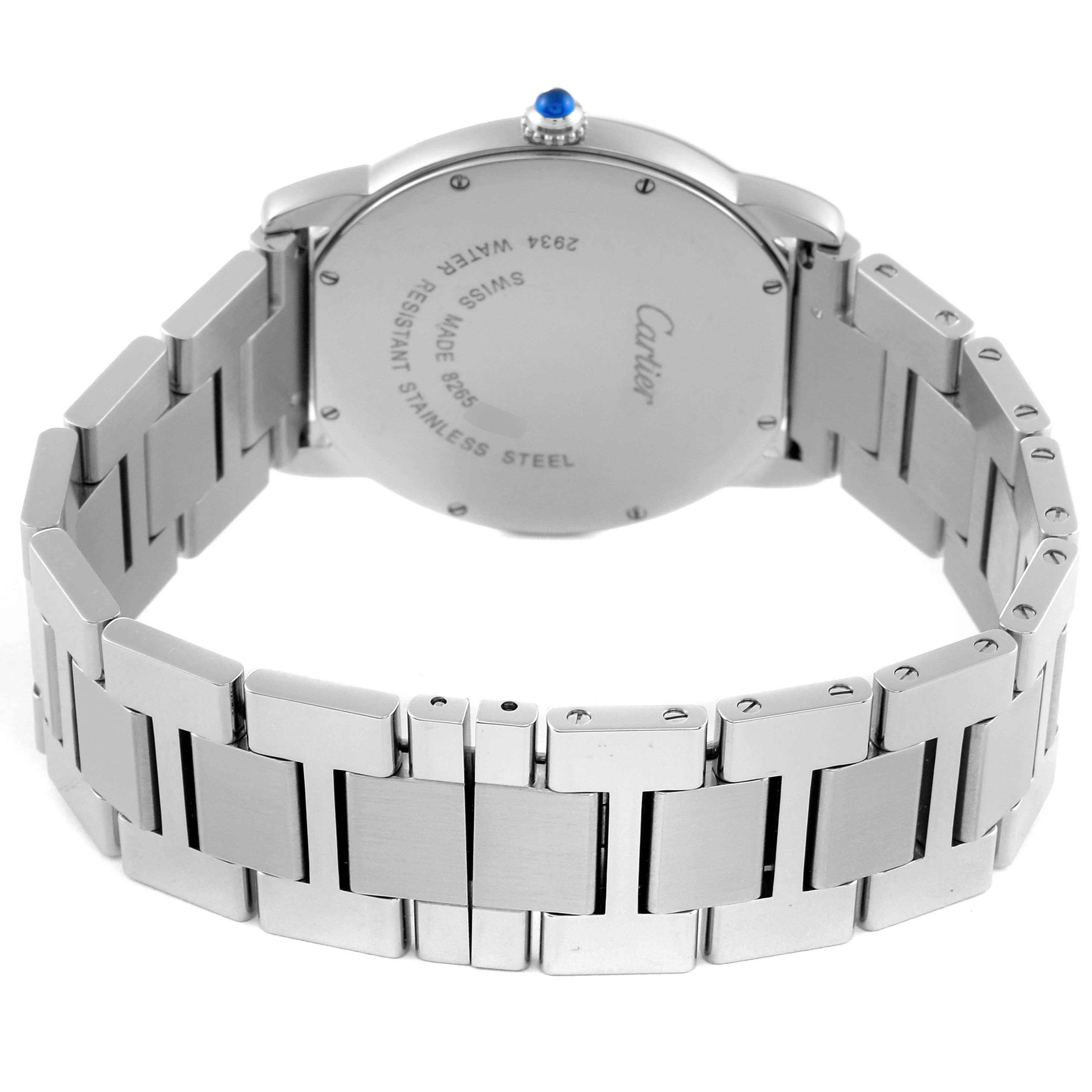 This image shows the back of a Cartier Ronde W6701005 Men
s Stainless Steel Silver Dial W6701005 Men
s Stainless Steel Silver Dial watch, featuring the stainless steel case and bracelet.