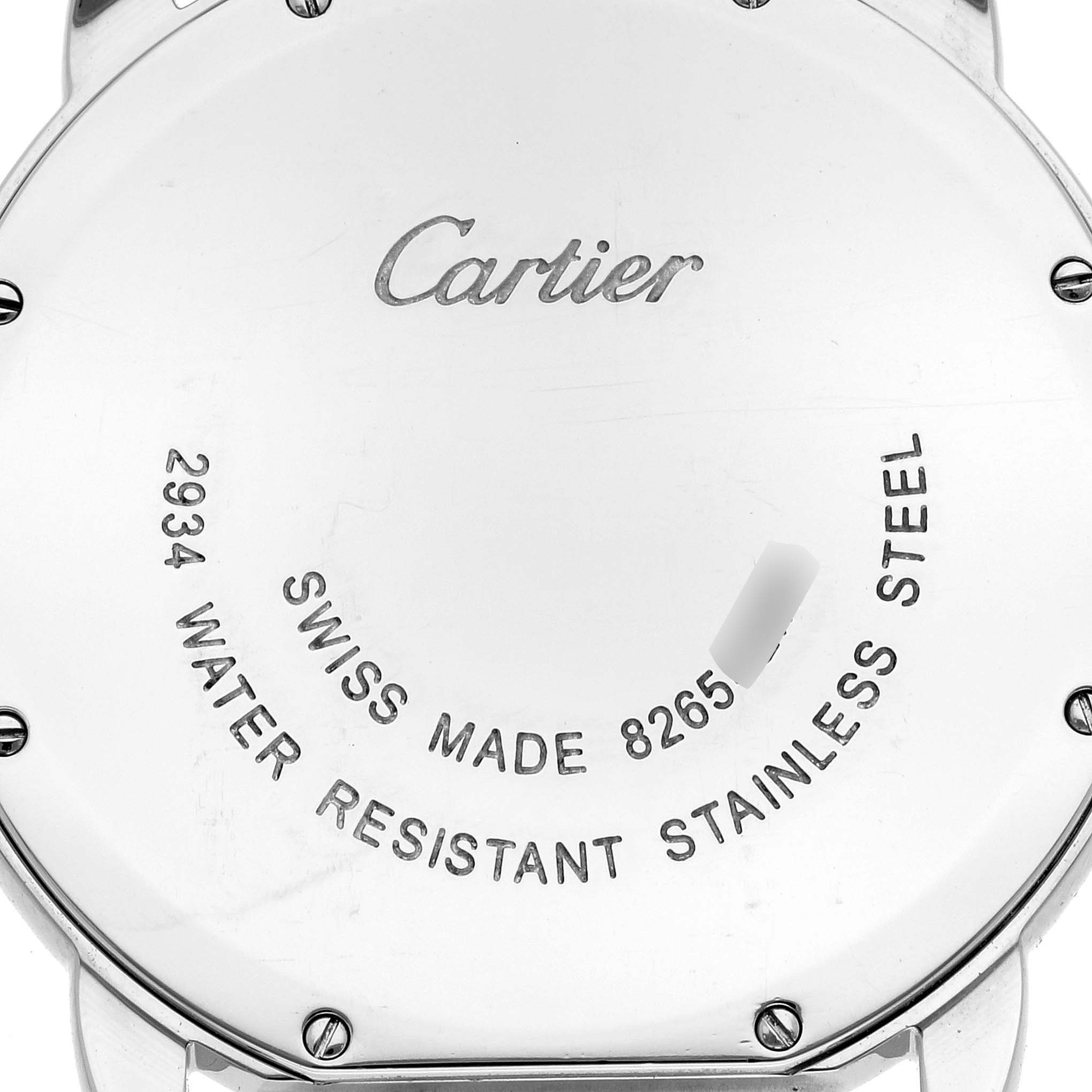 The image shows the back case of a Cartier Ronde W6701005 Men
s Stainless Steel Silver Dial W6701005 Men
s Stainless Steel Silver Dial watch, highlighting the brand name and engravings with specifications.