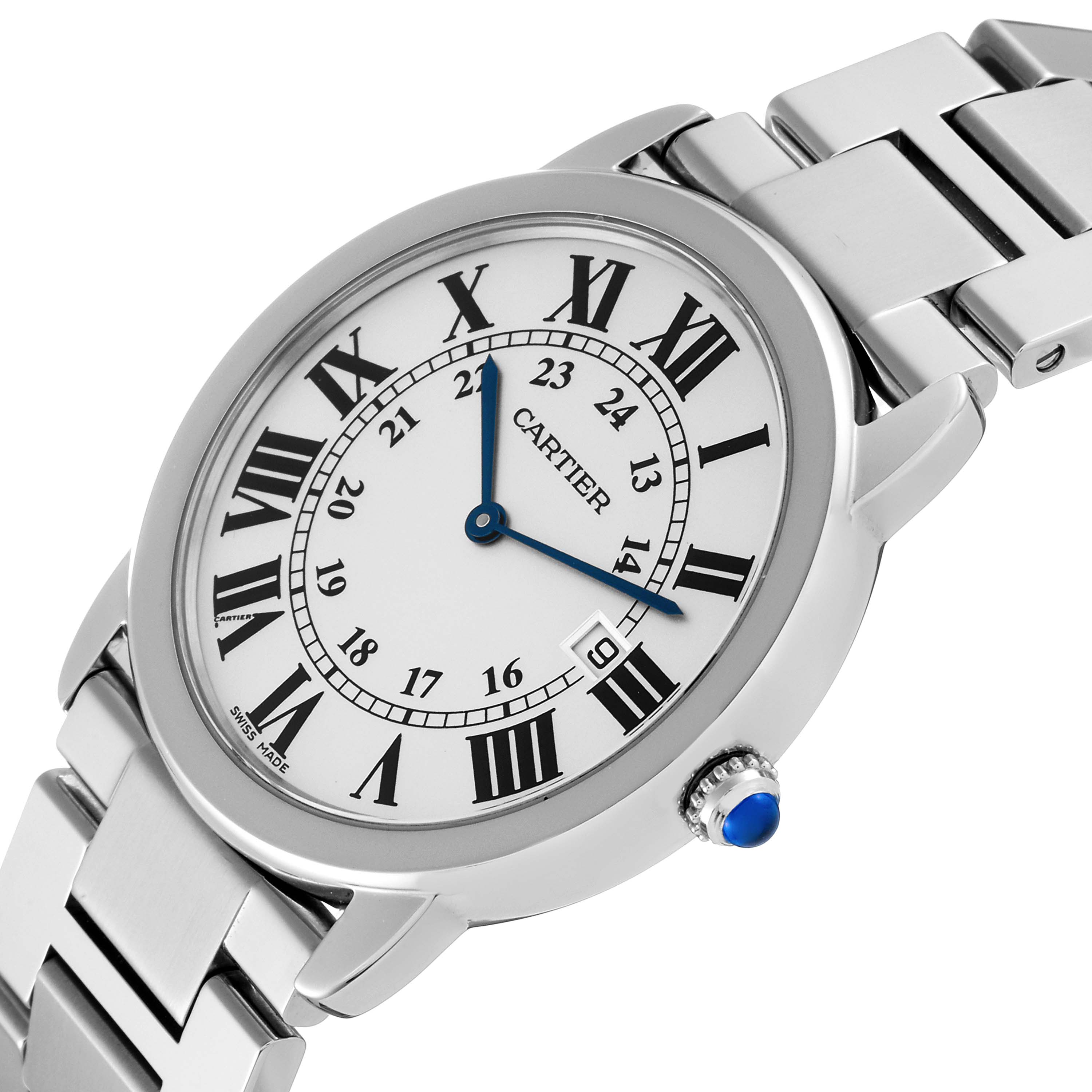 The Cartier Ronde W6701005 Men
s Stainless Steel Silver Dial W6701005 Men
s Stainless Steel Silver Dial model watch is shown at a slight angle, displaying its face, Roman numerals, and metal band.
