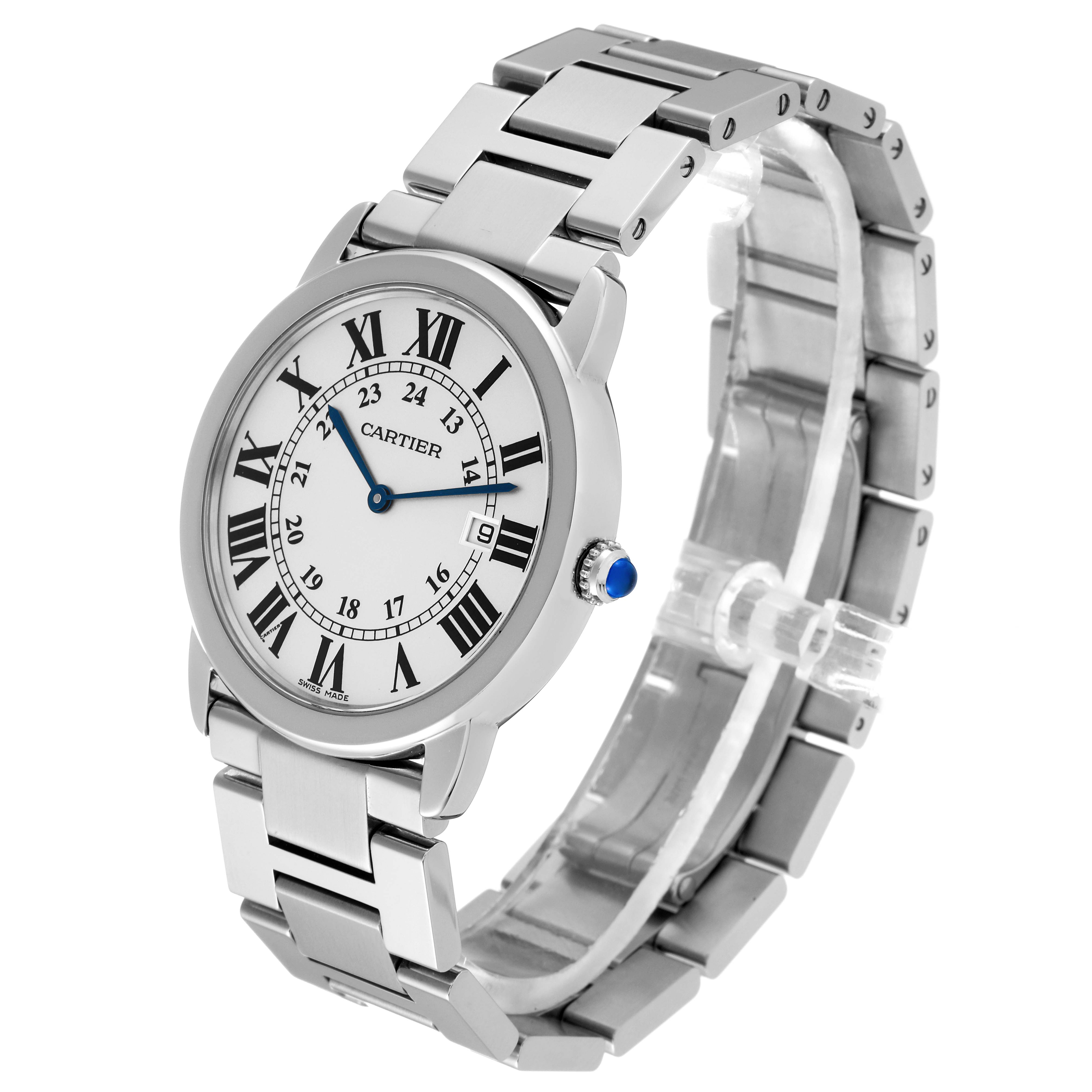 This Cartier Ronde W6701005 Men
s Stainless Steel Silver Dial W6701005 Men
s Stainless Steel Silver Dial watch is shown at a slight angle displaying the face, bezel, and bracelet.