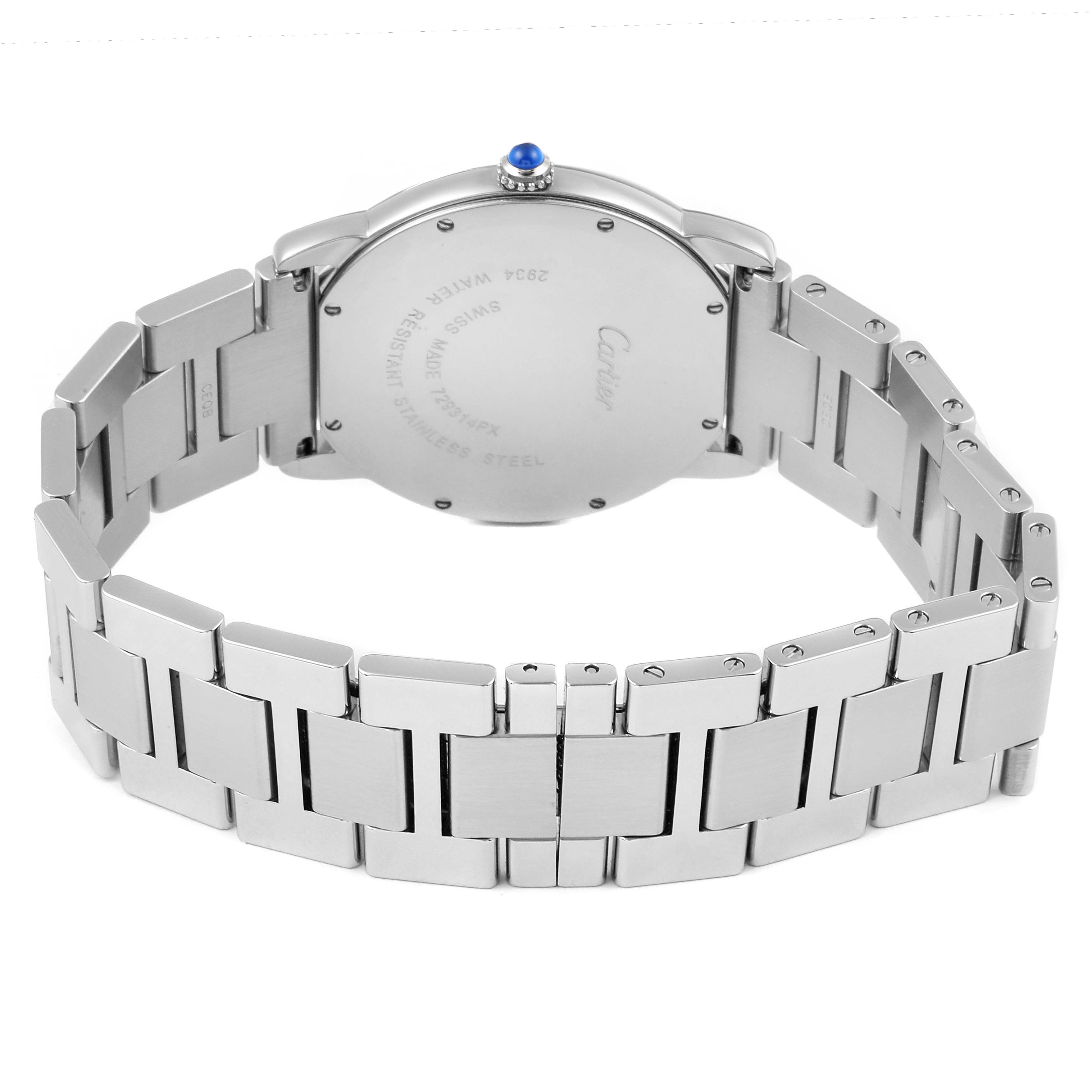 The image shows the back and bracelet of a Cartier Ronde W6701005 Men
s Stainless Steel Silver Dial W6701005 Men
s Stainless Steel Silver Dial watch, highlighting the stainless steel case and links.