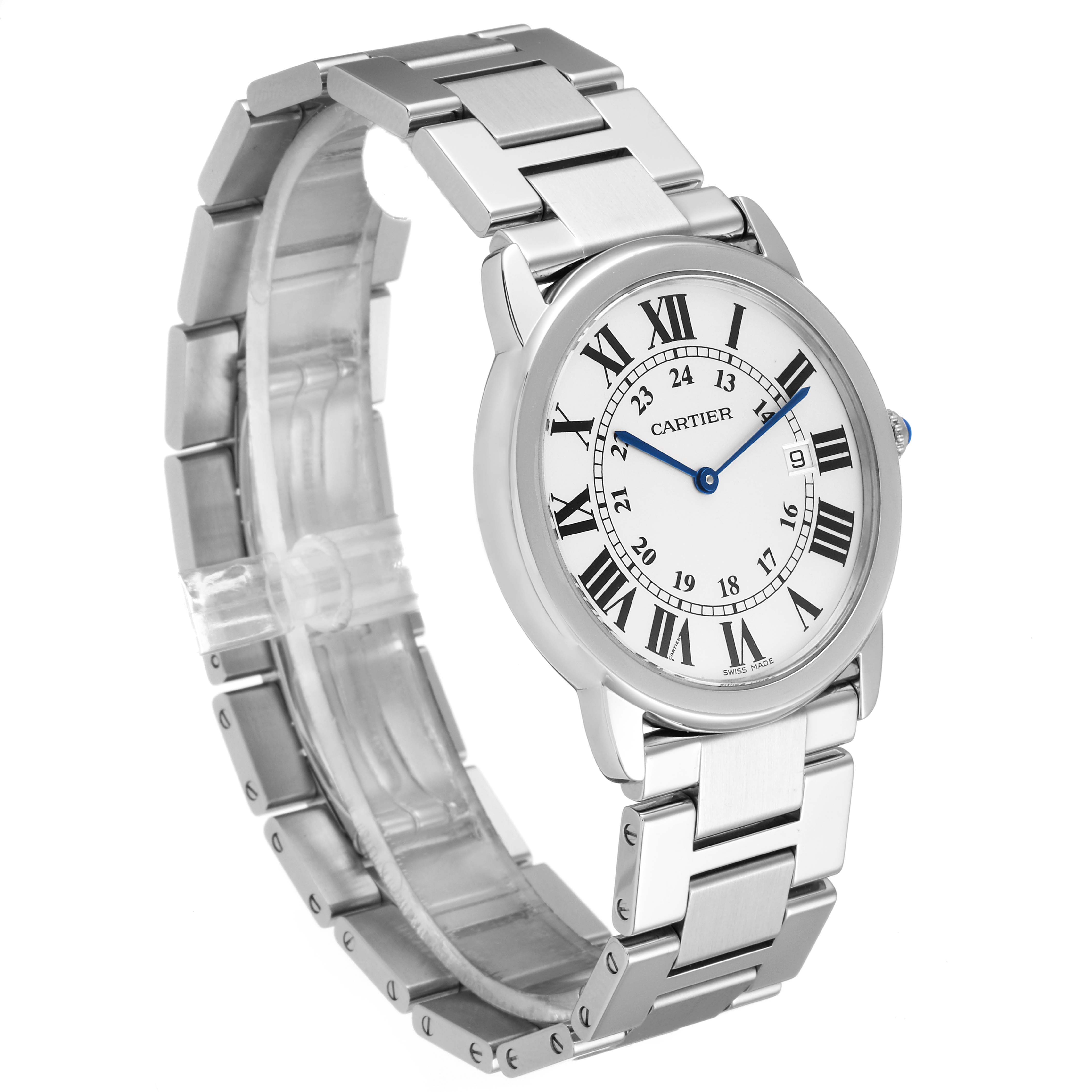 The Cartier Ronde W6701005 Men
s Stainless Steel Silver Dial W6701005 Men
s Stainless Steel Silver Dial watch is shown at a three-quarter angle, highlighting its face, bracelet, and clasp.