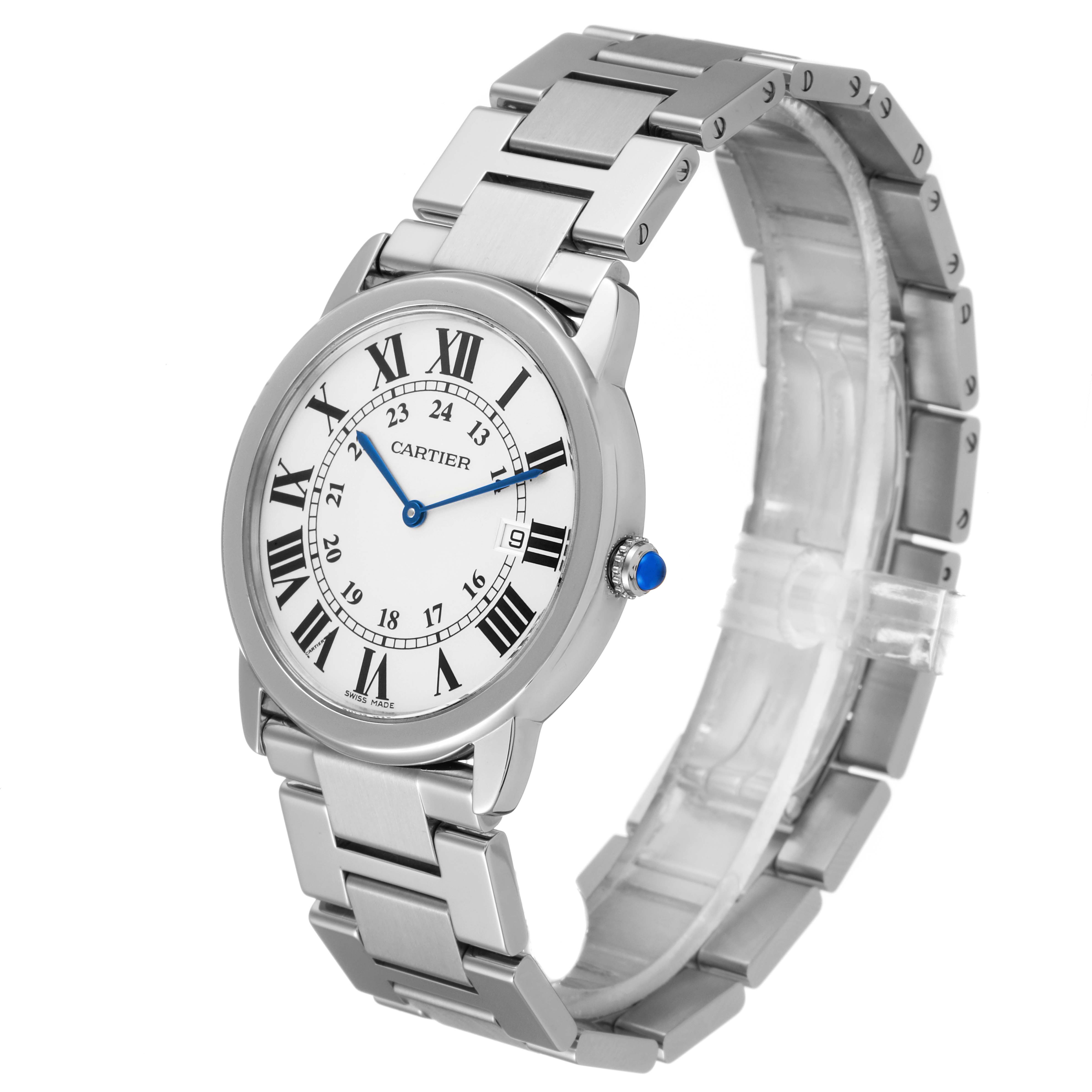 The image shows a side angle of the Cartier Ronde W6701005 Men
s Stainless Steel Silver Dial W6701005 Men
s Stainless Steel Silver Dial watch, highlighting its face, bezel, bracelet, and crown.