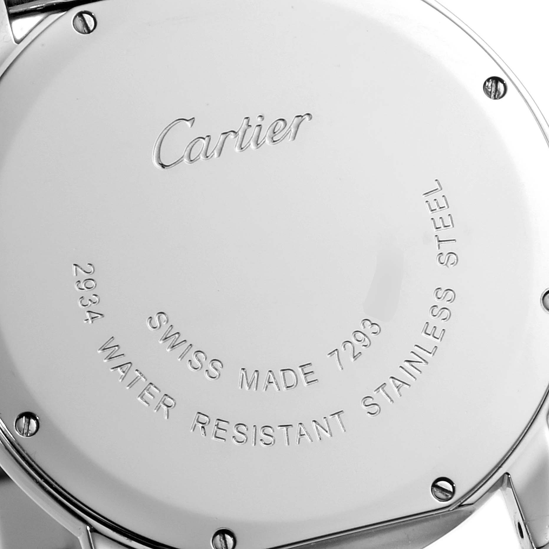 The image shows the back case of the Cartier Ronde W6701005 Men
s Stainless Steel Silver Dial W6701005 Men
s Stainless Steel Silver Dial watch, highlighting the brand name and details engraved on the stainless steel.