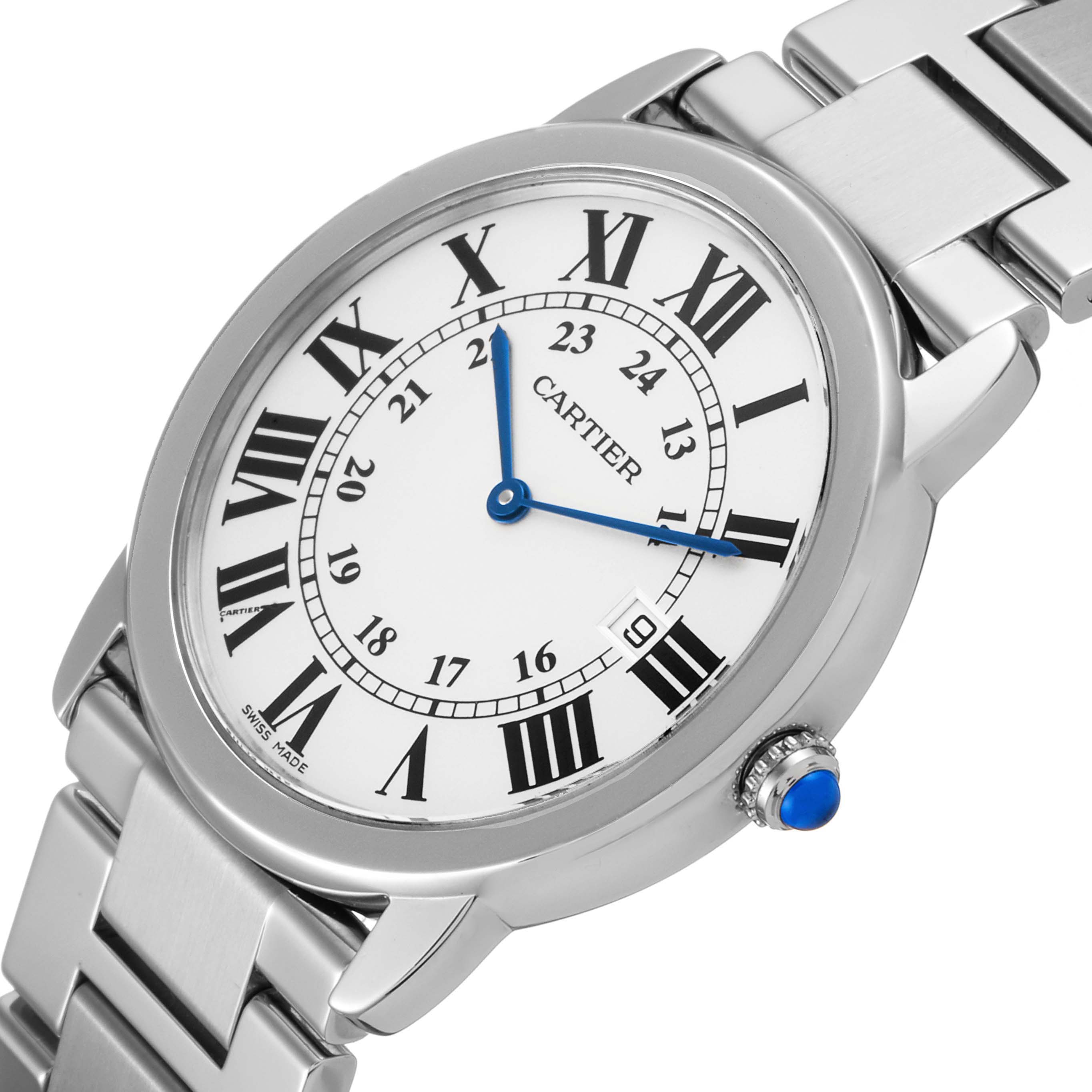 The image shows a close-up, angled view of the Cartier Ronde W6701005 Men
s Stainless Steel Silver Dial W6701005 Men
s Stainless Steel Silver Dial watch, displaying its face, Roman numeral markers, and metal bracelet.