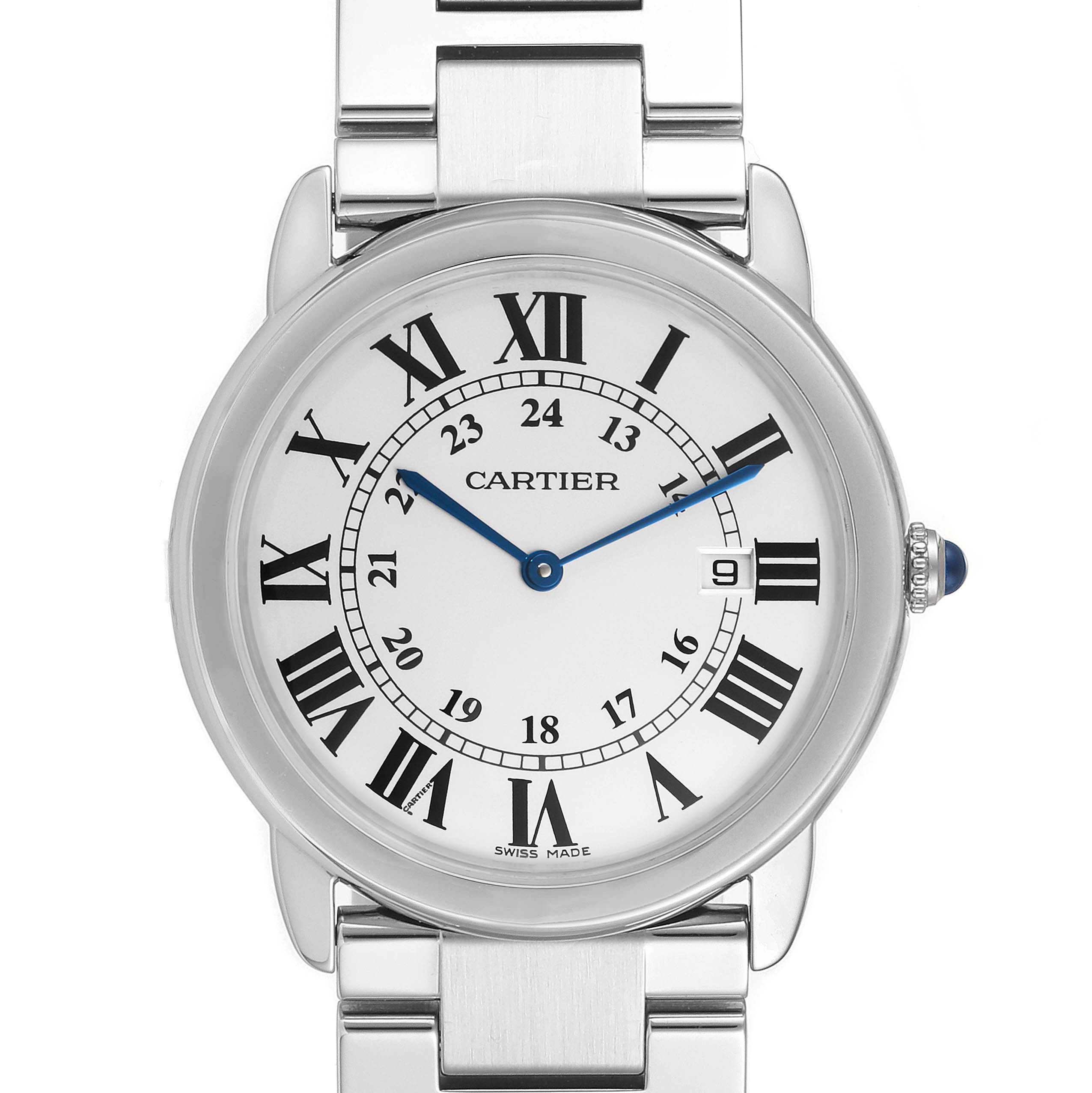 This is a front view of a Cartier Ronde W6701005 Men
s Stainless Steel Silver Dial W6701005 Men
s Stainless Steel Silver Dial model watch with its face, bezel, and part of the bracelet visible.