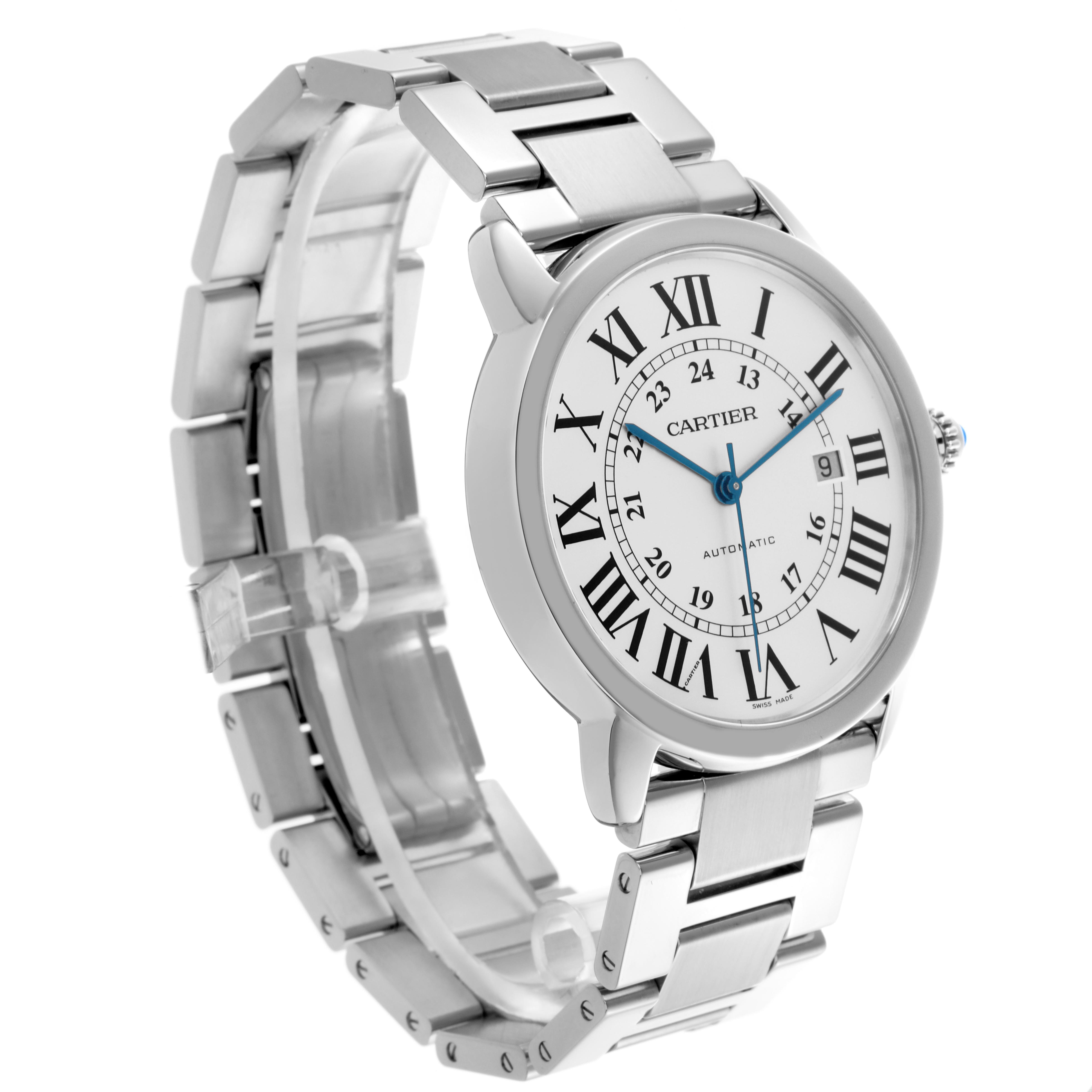 The Cartier Ronde W6701011 Men
s Stainless Steel Silver Dial W6701011 Men
s Stainless Steel Silver Dial watch is shown at a three-quarter angle, displaying its face, bracelet, and crown.