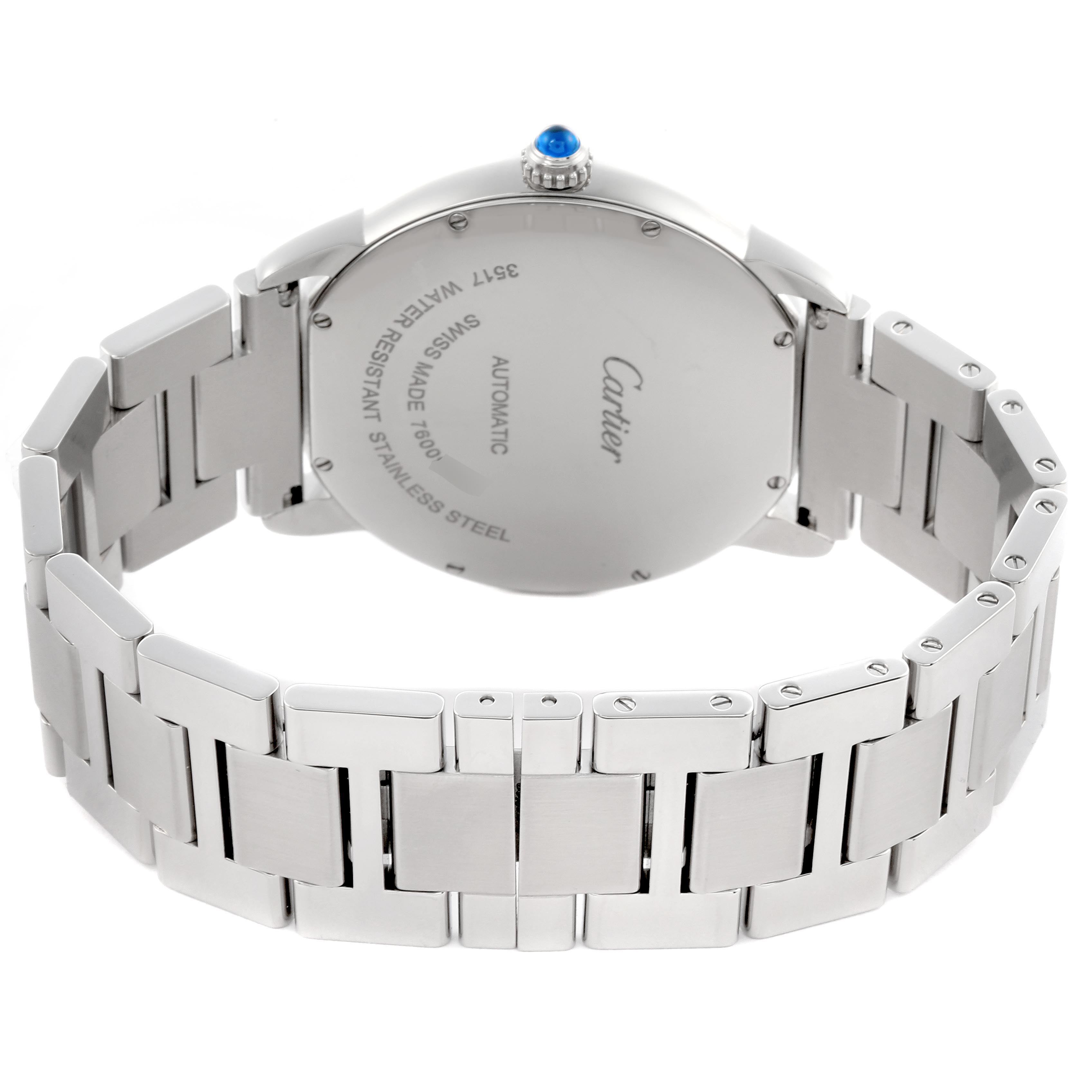 The Cartier Ronde W6701011 Men
s Stainless Steel Silver Dial W6701011 Men
s Stainless Steel Silver Dial watch is shown from the back, displaying the case back, crown, and part of the stainless steel bracelet.