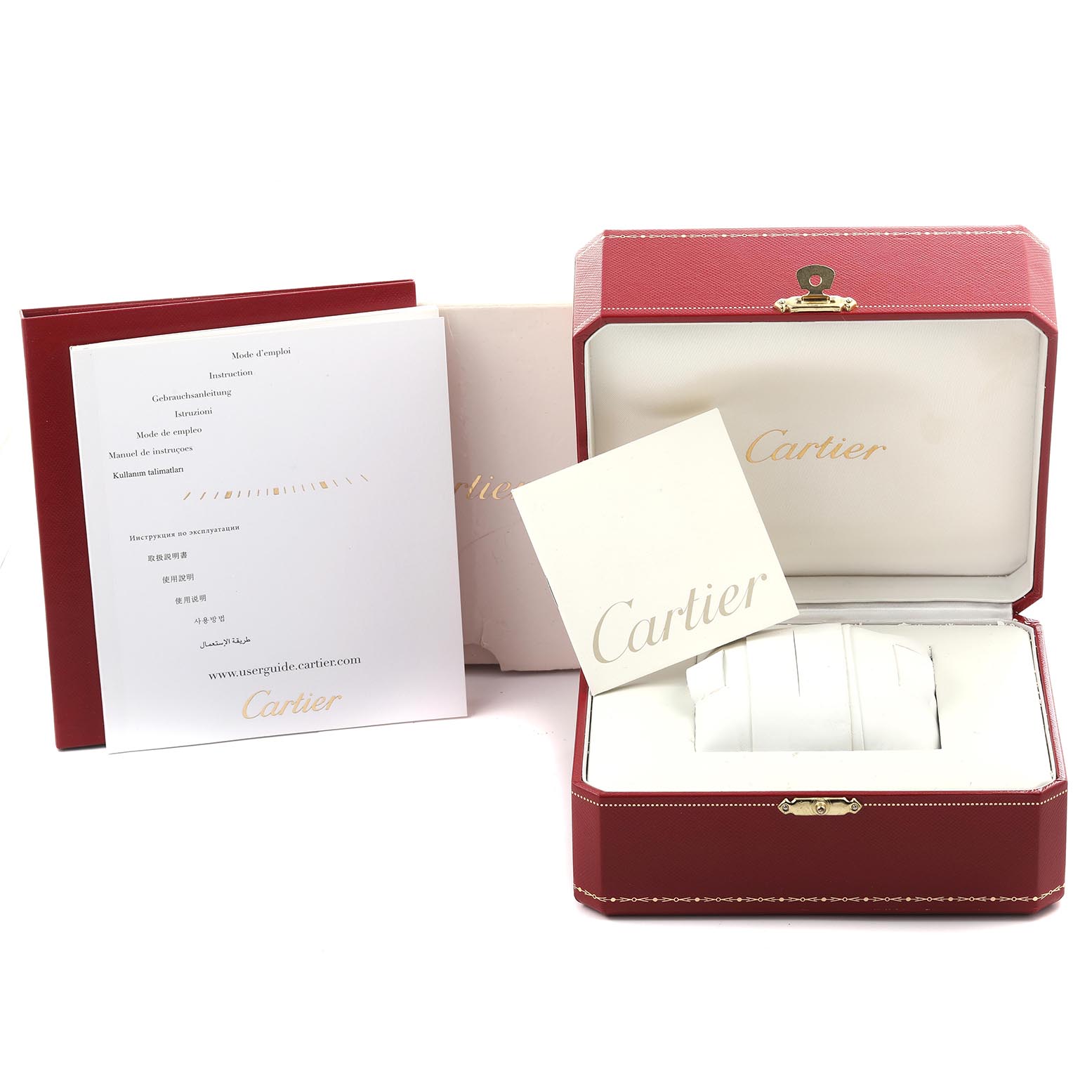 The Cartier Ronde W6701011 Men
s Stainless Steel Silver Dial W6701011 Men
s Stainless Steel Silver Dial watch is displayed from an angle showing its presentation box, booklets, and a glimpse of the bracelet.