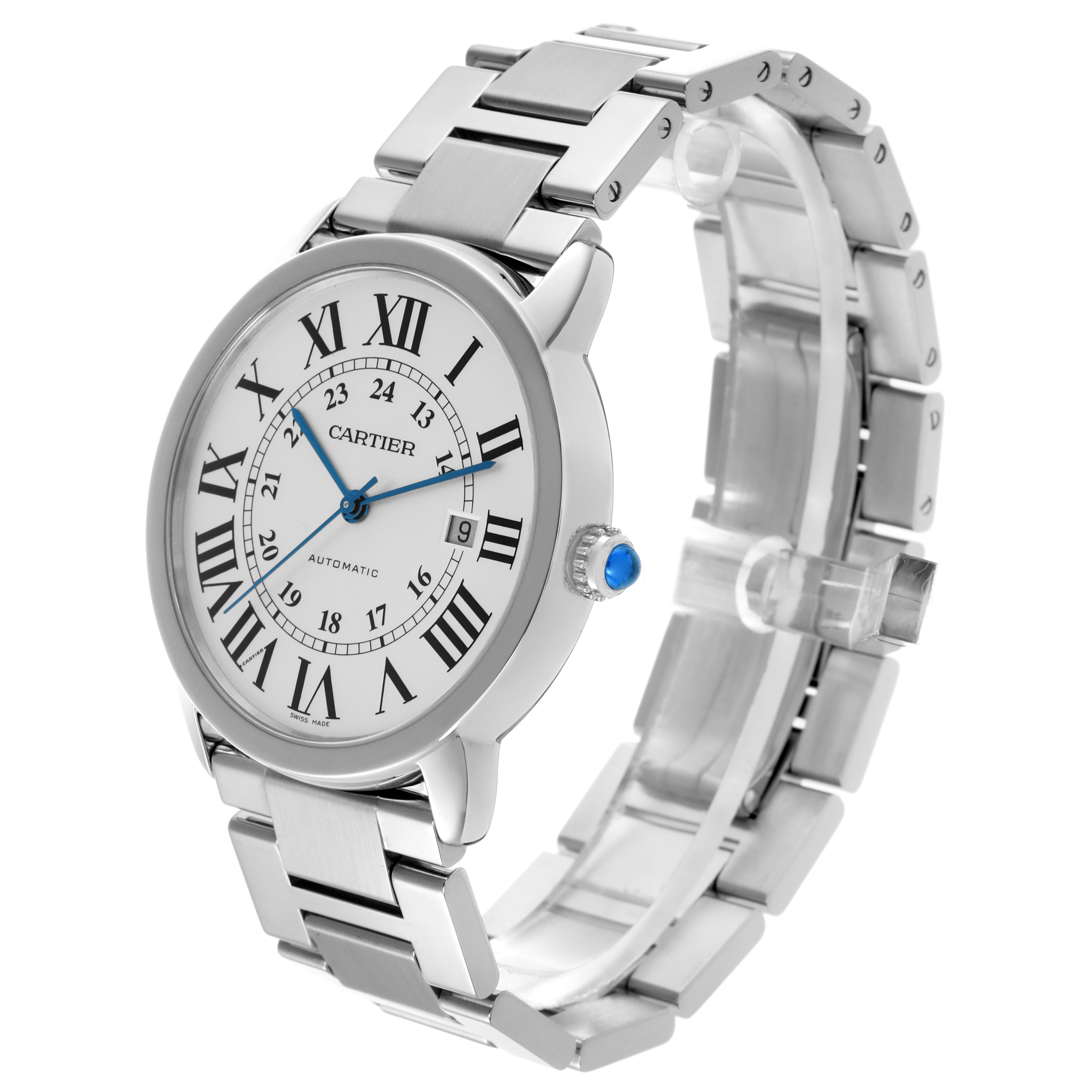 The image shows a Cartier Ronde W6701011 Men
s Stainless Steel Silver Dial W6701011 Men
s Stainless Steel Silver Dial watch at a three-quarter angle, displaying the face, bracelet, and blue cabochon crown.