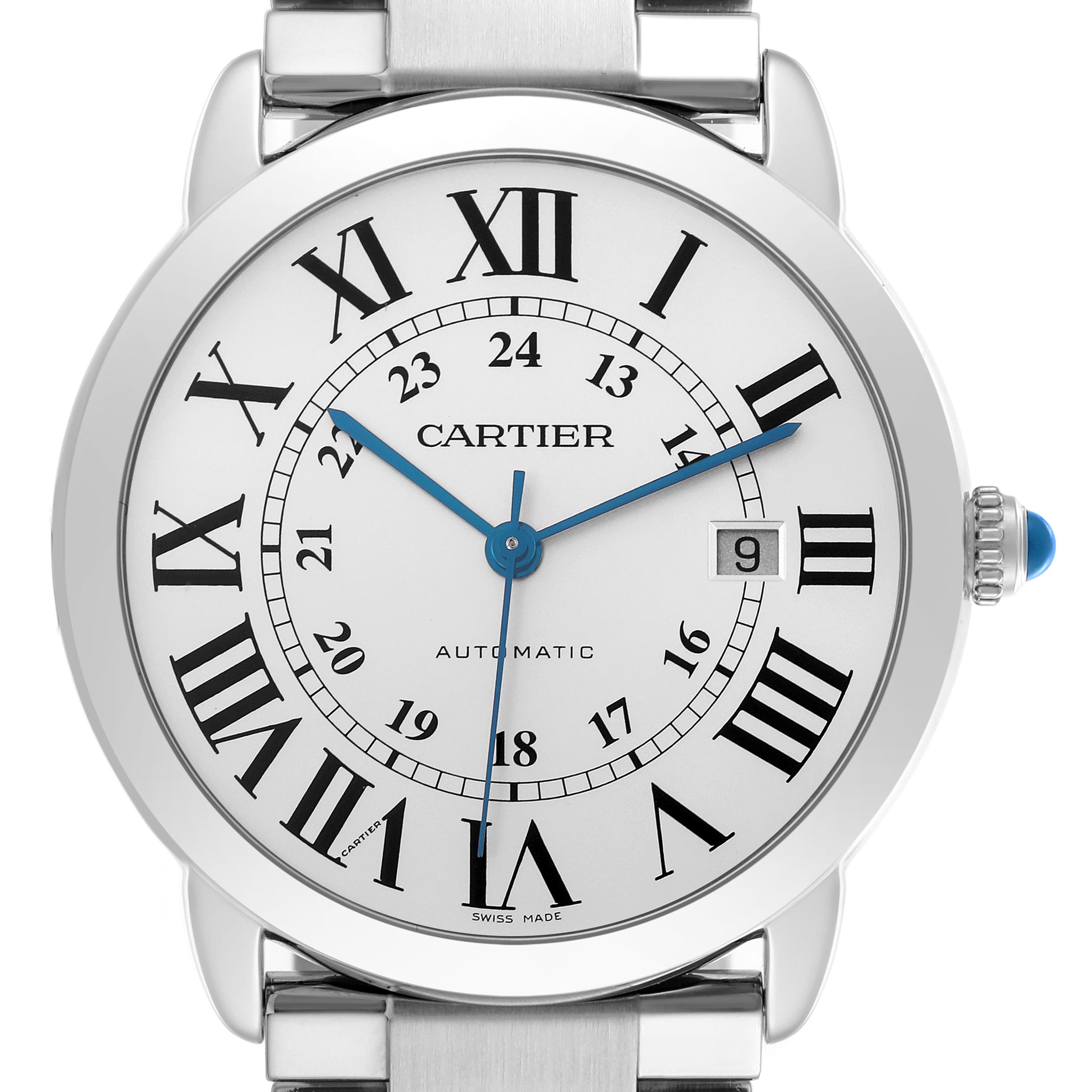 The Cartier Ronde W6701011 Men
s Stainless Steel Silver Dial W6701011 Men
s Stainless Steel Silver Dial watch is shown from a front angle, displaying the dial, crown, and part of the bracelet.