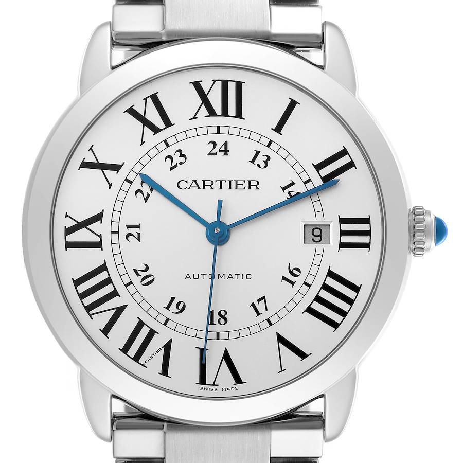 The Cartier Ronde watch is shown from a front angle, displaying the dial, crown, and part of the bracelet.