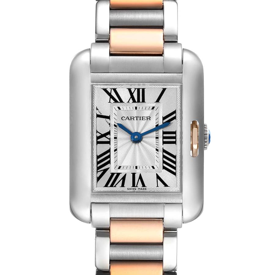 The Cartier Tank Anglaise watch is shown from a straight-on angle, displaying its rectangular face and two-tone metal bracelet.