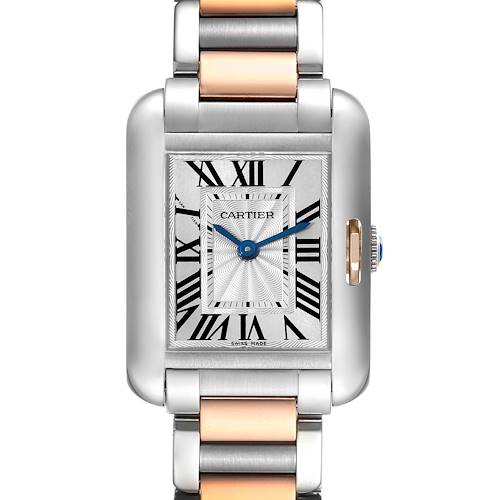 The Cartier Tank Anglaise watch is shown from a front angle, highlighting its rectangular face, dial, hands, and metal bracelet.