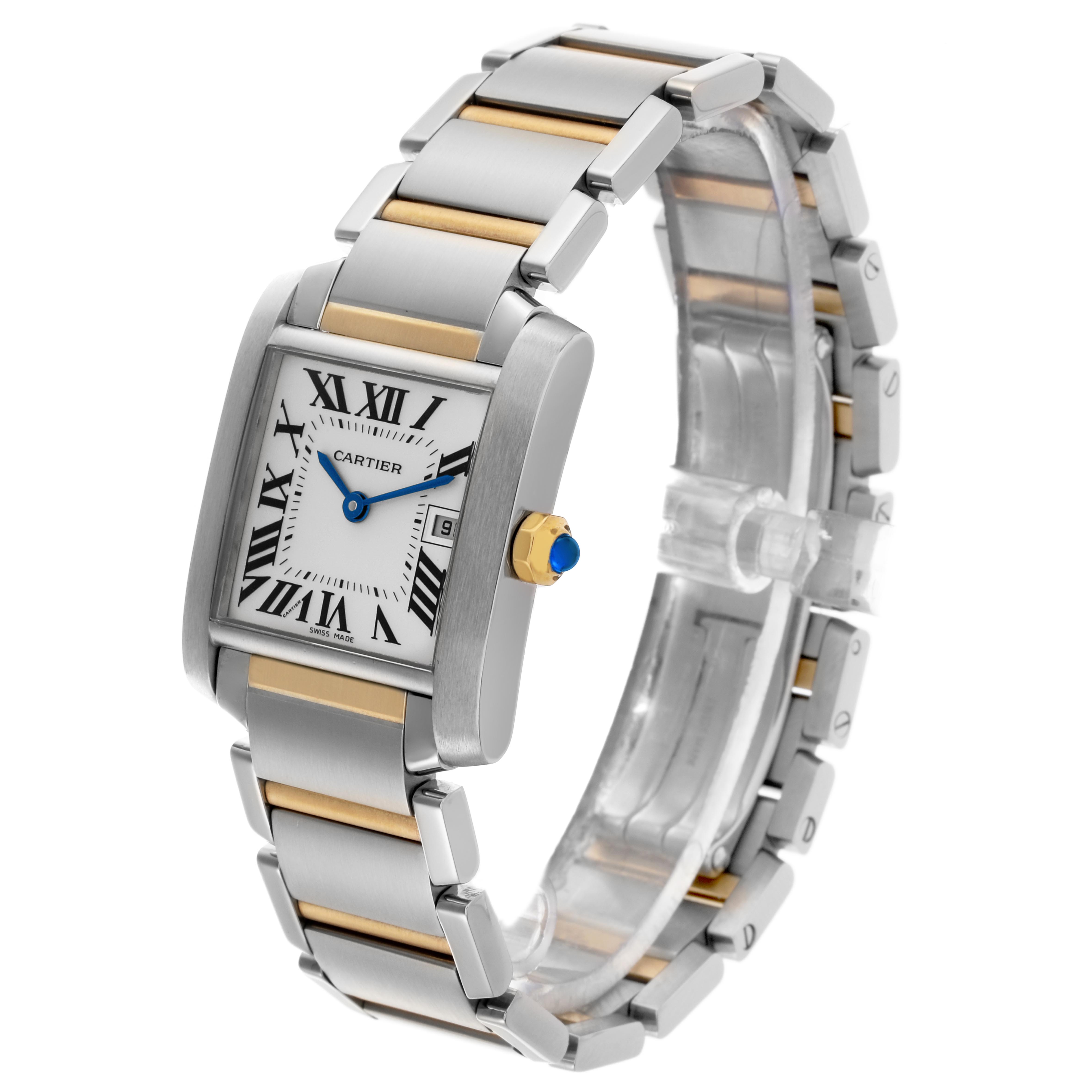 The Cartier Tank Francaise W51012Q4 Women's Steel and Gold (two tone) Silver Dial W51012Q4 Women's Steel and Gold (two tone) Silver Dial watch is angled to display the face, bezel, crown, and bracelet details.
