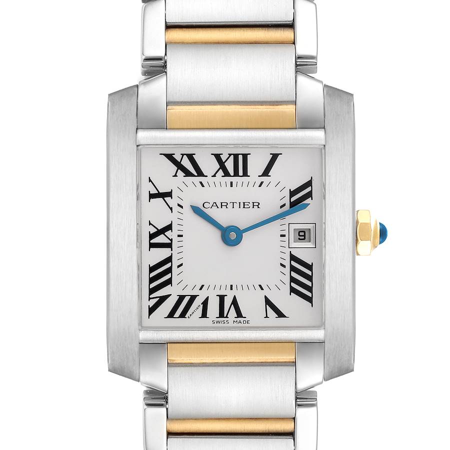 The Cartier Tank Française is shown from the front, highlighting the dial, crown, and part of the bracelet.