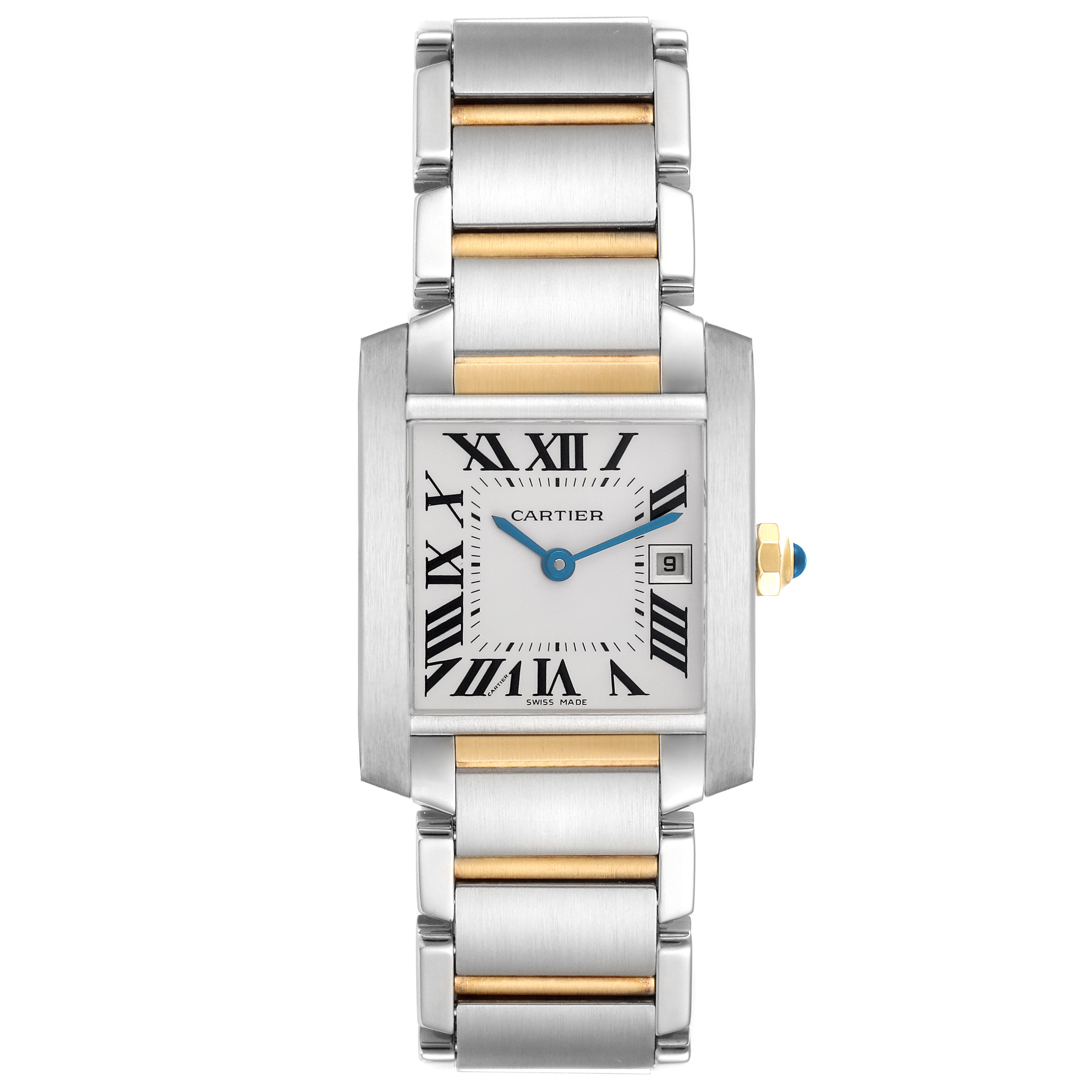 The Cartier Tank Francaise W51012Q4 Women's Steel and Gold (two tone) Silver Dial W51012Q4 Women's Steel and Gold (two tone) Silver Dial watch is shown from a front angle, displaying its face, Roman numerals, two-tone bracelet, and crown.