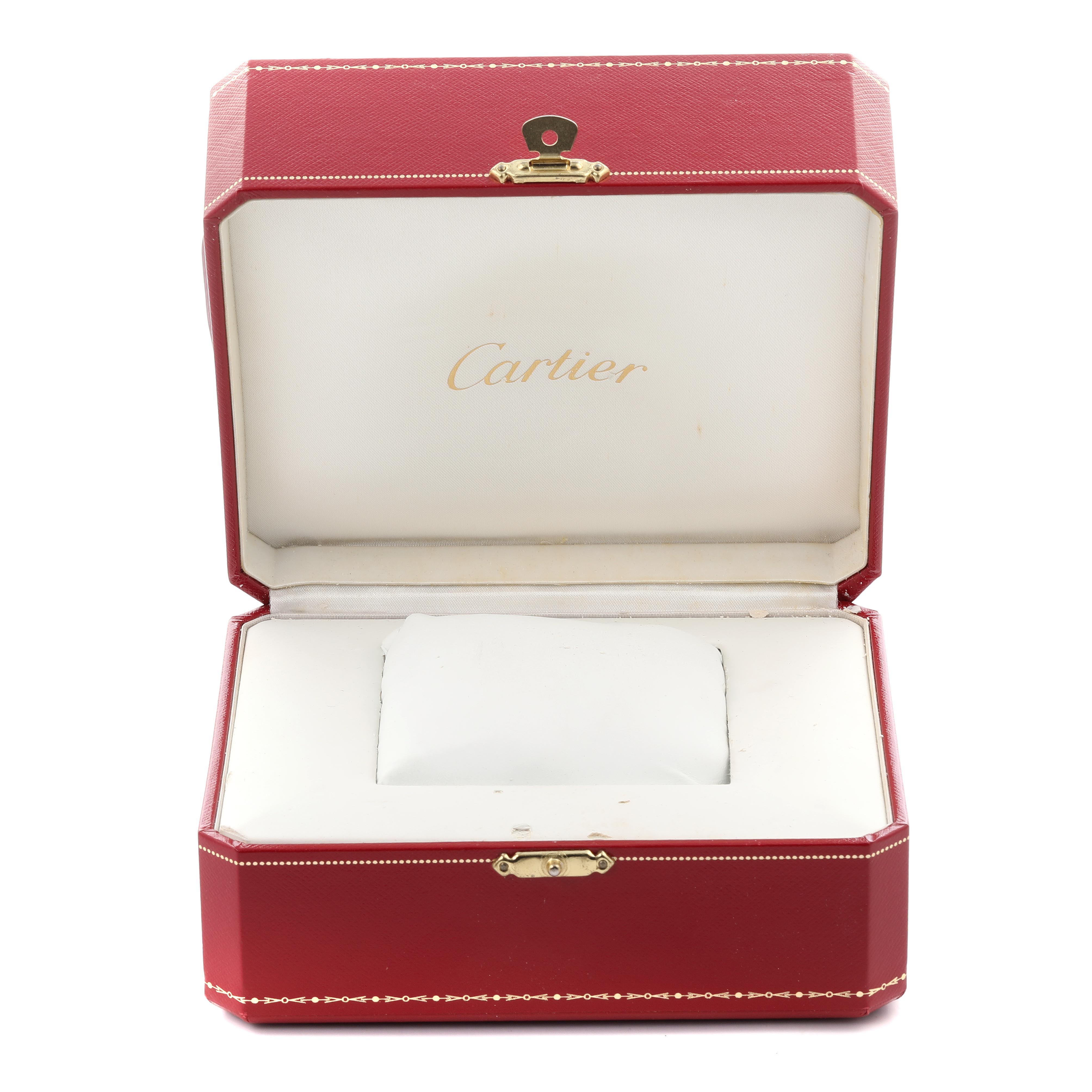 The image shows an open Cartier Tank Francaise W51012Q4 Women's Steel and Gold (two tone) Silver Dial W51012Q4 Women's Steel and Gold (two tone) Silver Dial watch box from the front angle, with the brand name visible inside.
