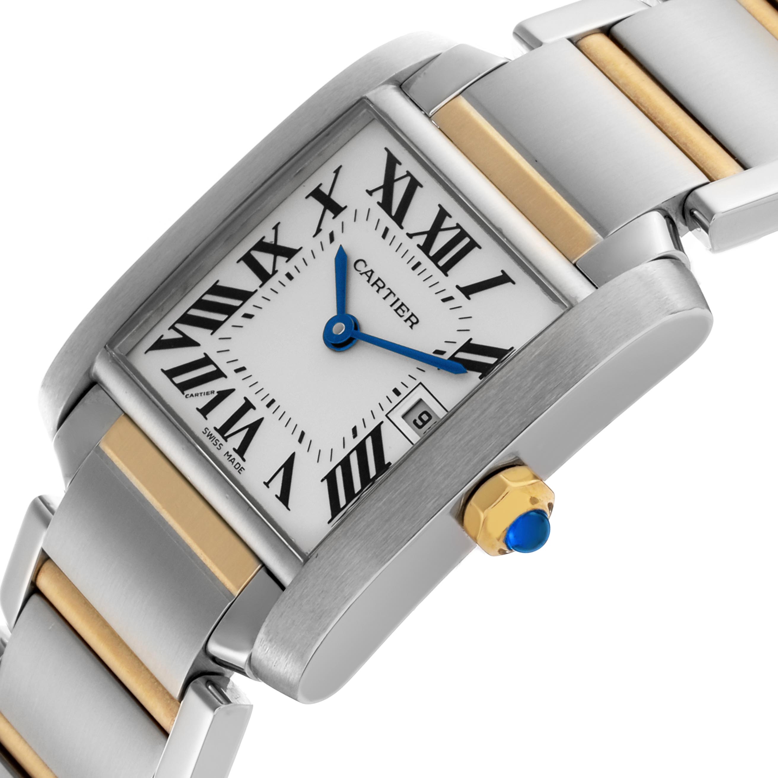 The Cartier Tank Francaise W51012Q4 Women's Steel and Gold (two tone) Silver Dial W51012Q4 Women's Steel and Gold (two tone) Silver Dial watch is shown at an angle highlighting the face, crown, and part of the metal bracelet.