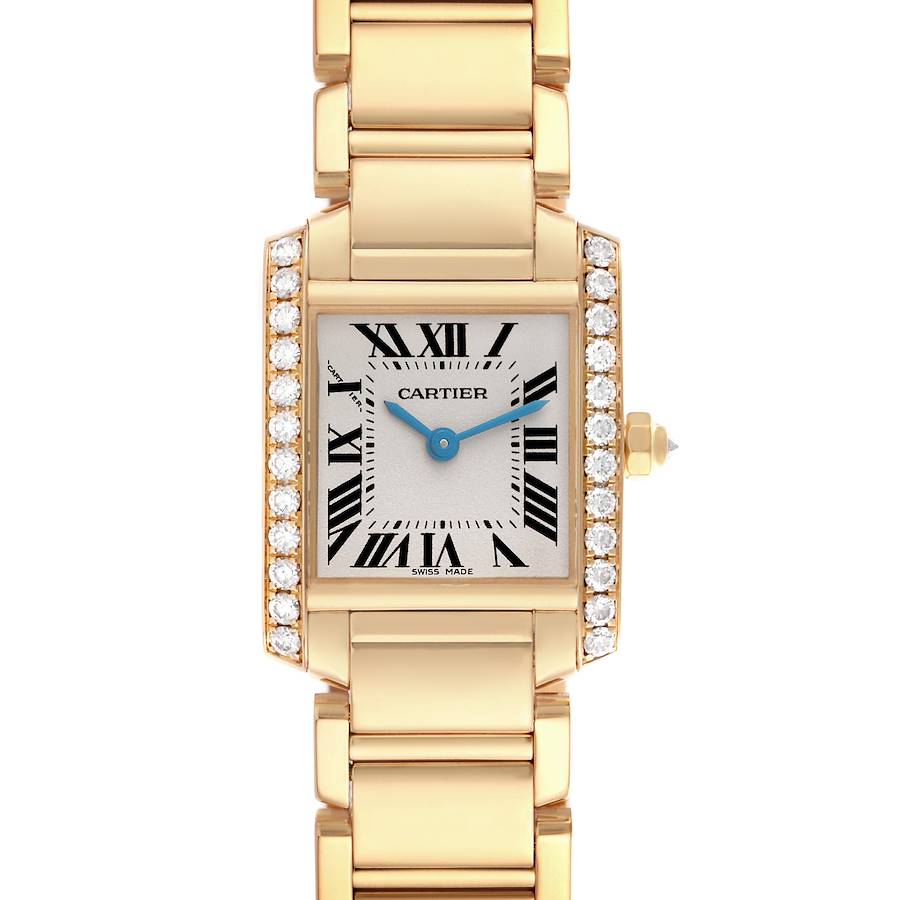 The Cartier Tank Française watch is shown from the front, displaying the face, dial, bracelet, and diamond-set bezel.