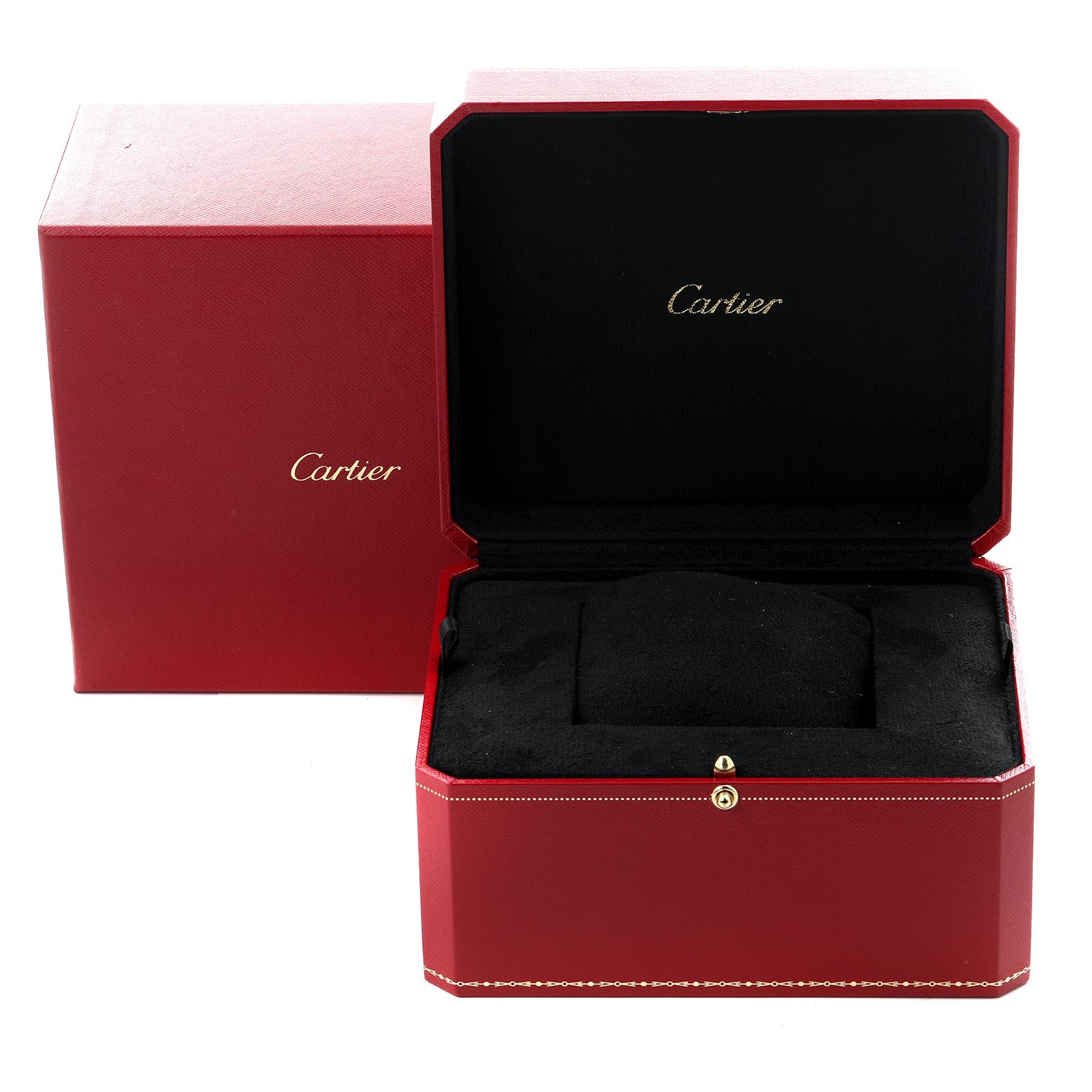 The image shows an open red Cartier box, likely for a Tank Francaise watch, with a matching outer box.