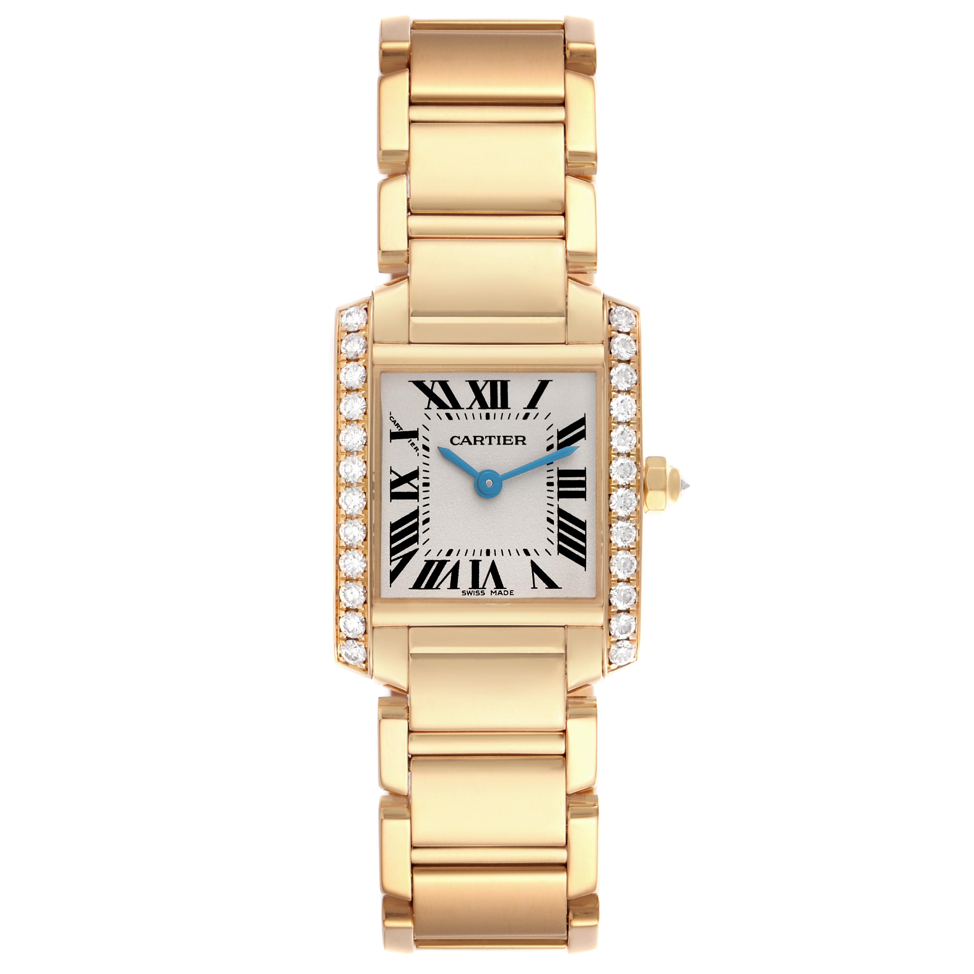 The Cartier Tank Française watch is shown from a front view, highlighting the face, band, and diamond accents.