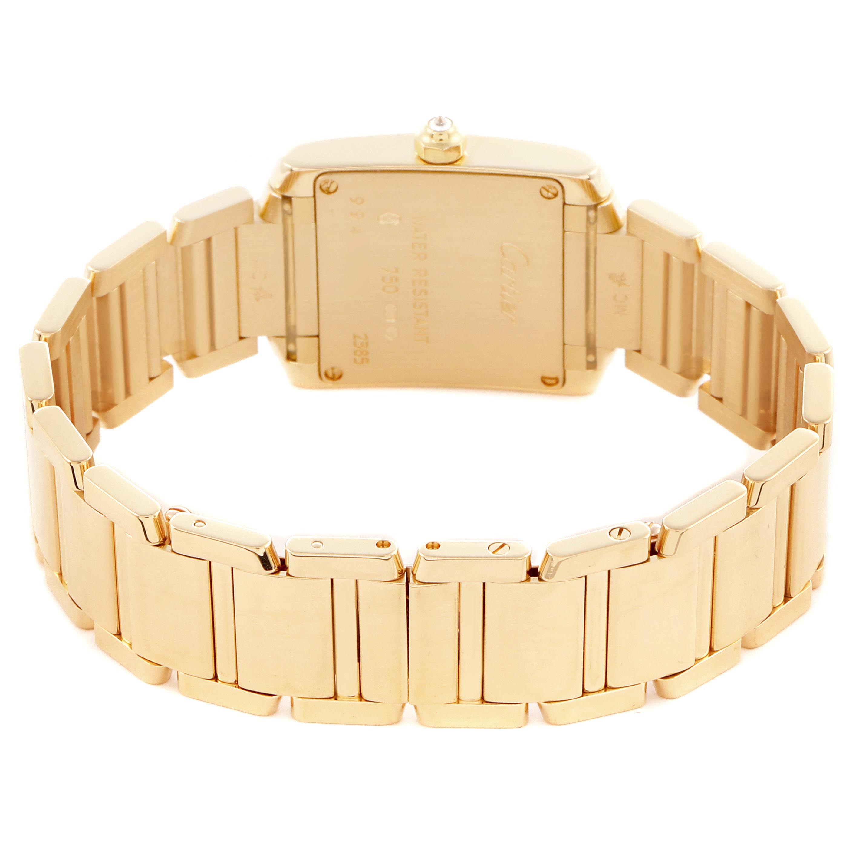The Cartier Tank Francaise WE1001R8 Women's Yellow Gold Silver Dial WE1001R8 Women's Yellow Gold Silver Dial watch is shown from the back, highlighting the clasp and bracelet links.