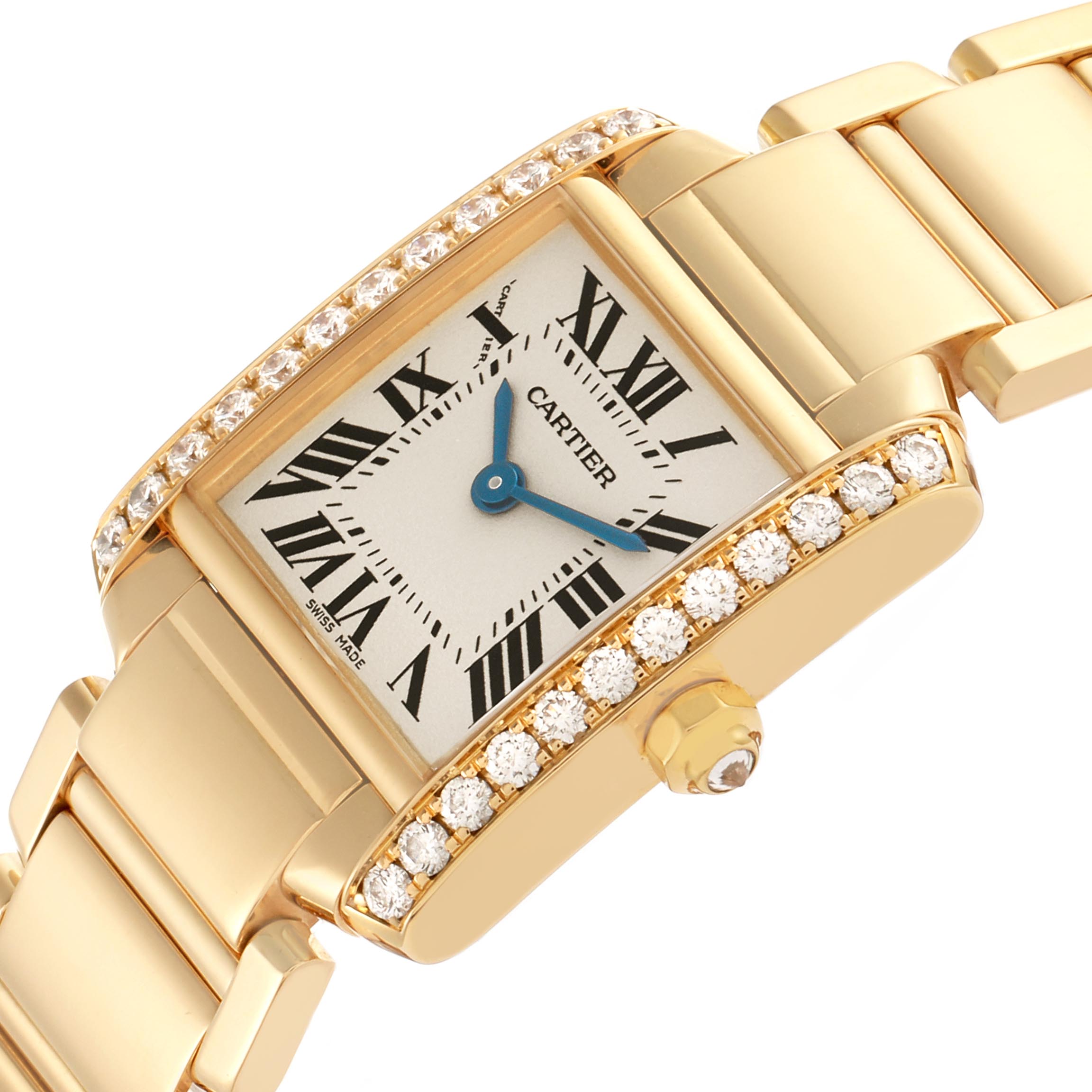 The Cartier Tank Française watch is shown at an angled view highlighting the dial, diamond-set case, and gold bracelet.