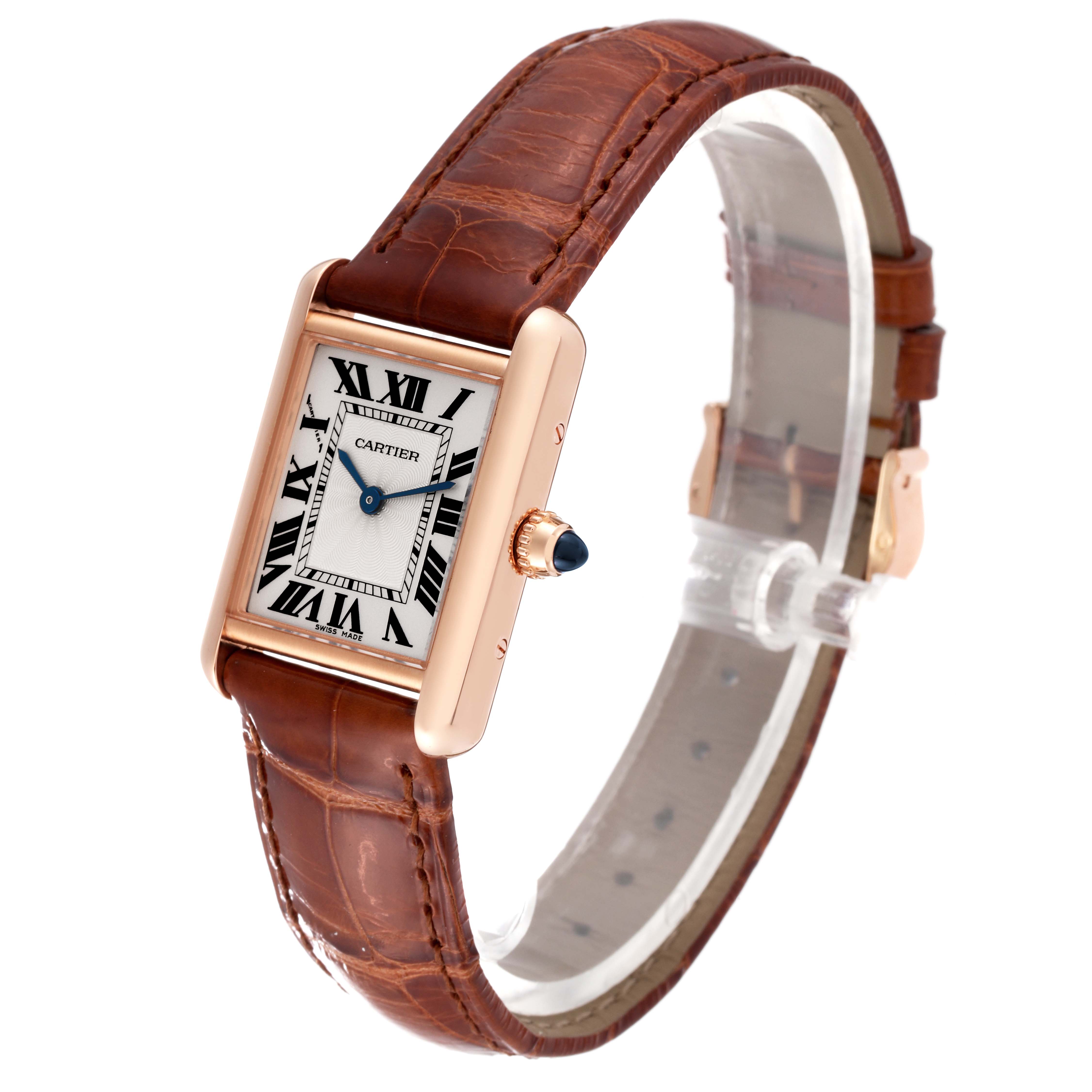 The image shows a side angle of the Tank Louis model by Cartier, highlighting its rectangular face and brown leather strap.
