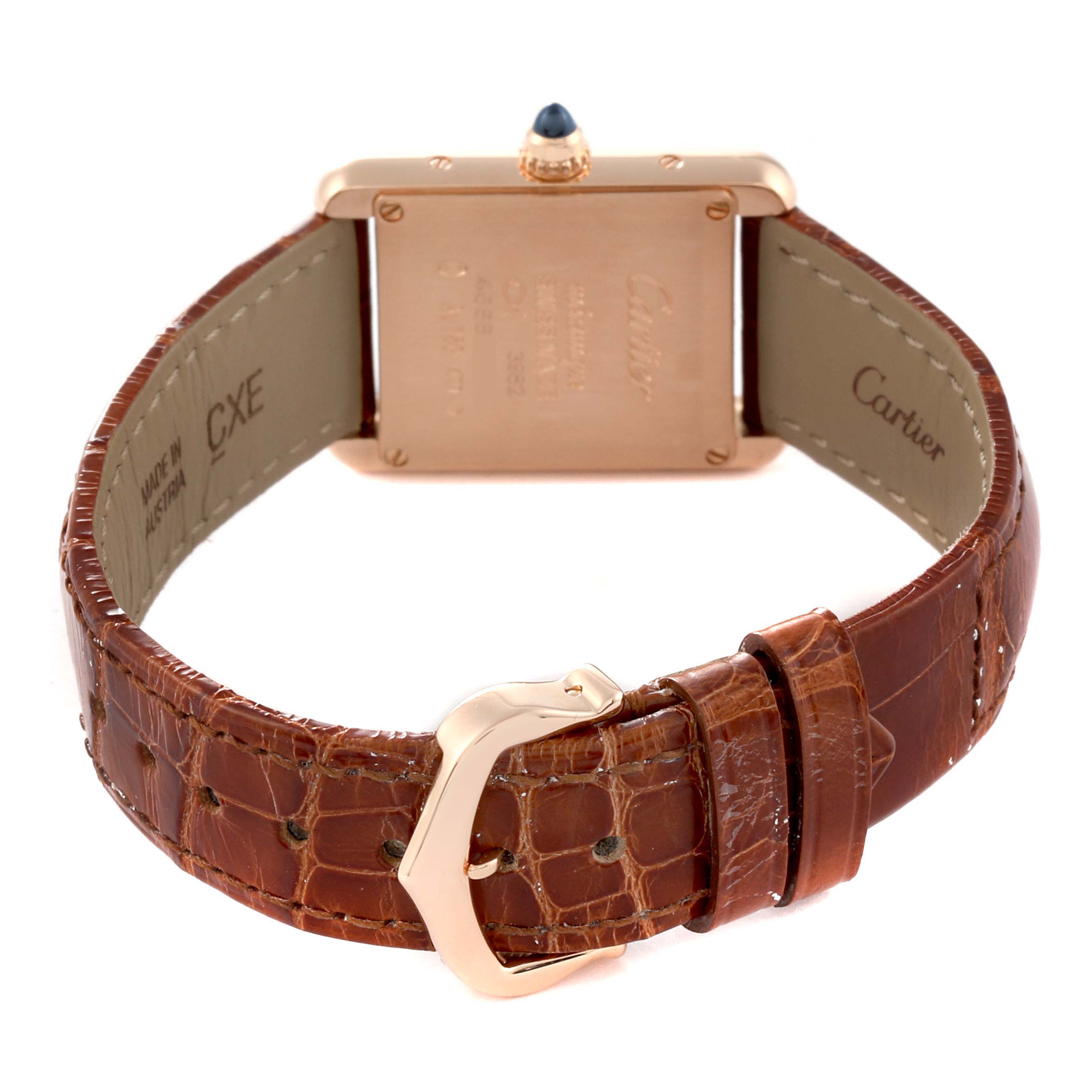 This image shows the back view of a Cartier Tank Louis WGTA0010 Women's Rose Gold Silver Dial WGTA0010 Women's Rose Gold Silver Dial watch, featuring the case back, crown, and brown leather strap.