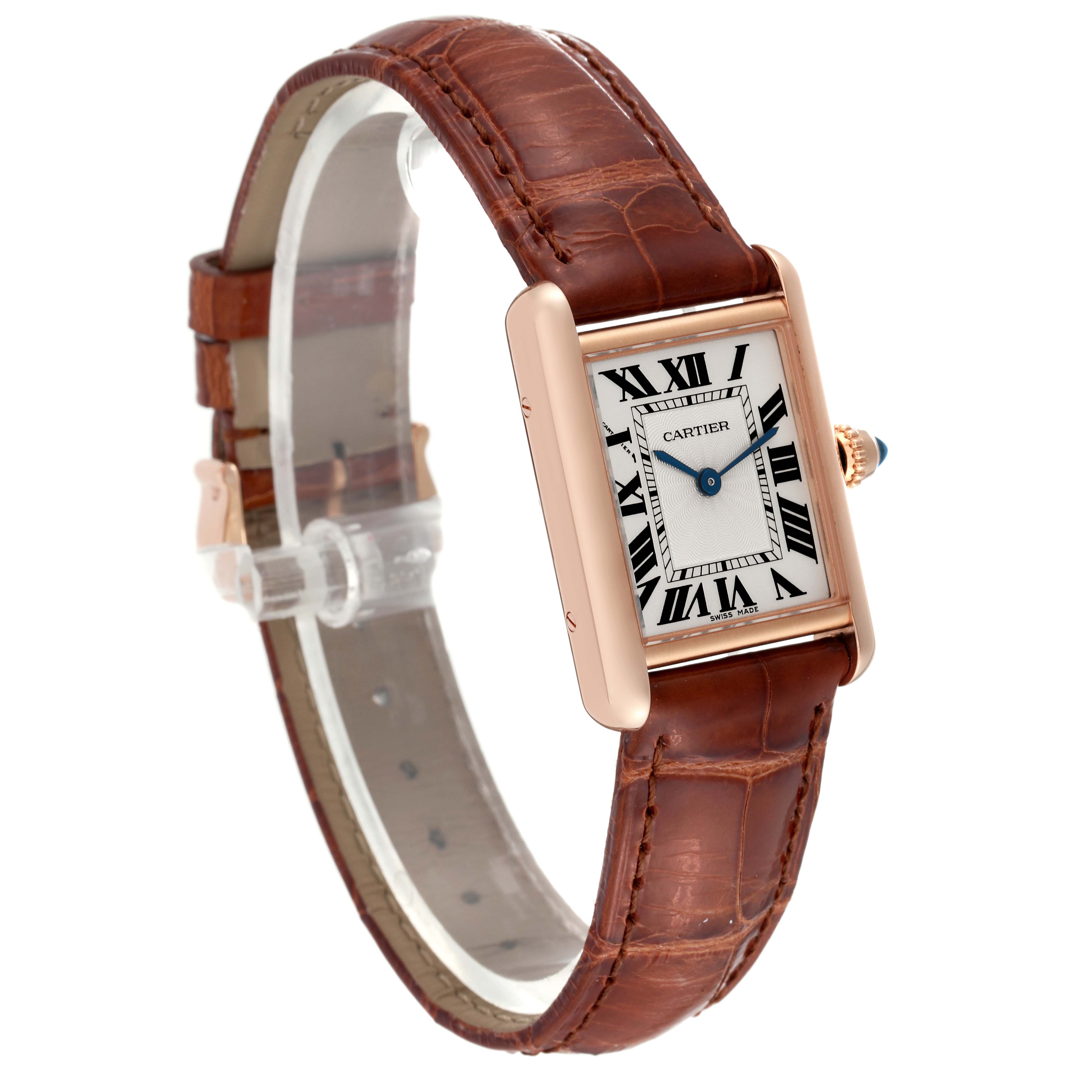 The image shows a Tank Louis model by Cartier at a three-quarter angle, displaying the watch face and brown leather strap.