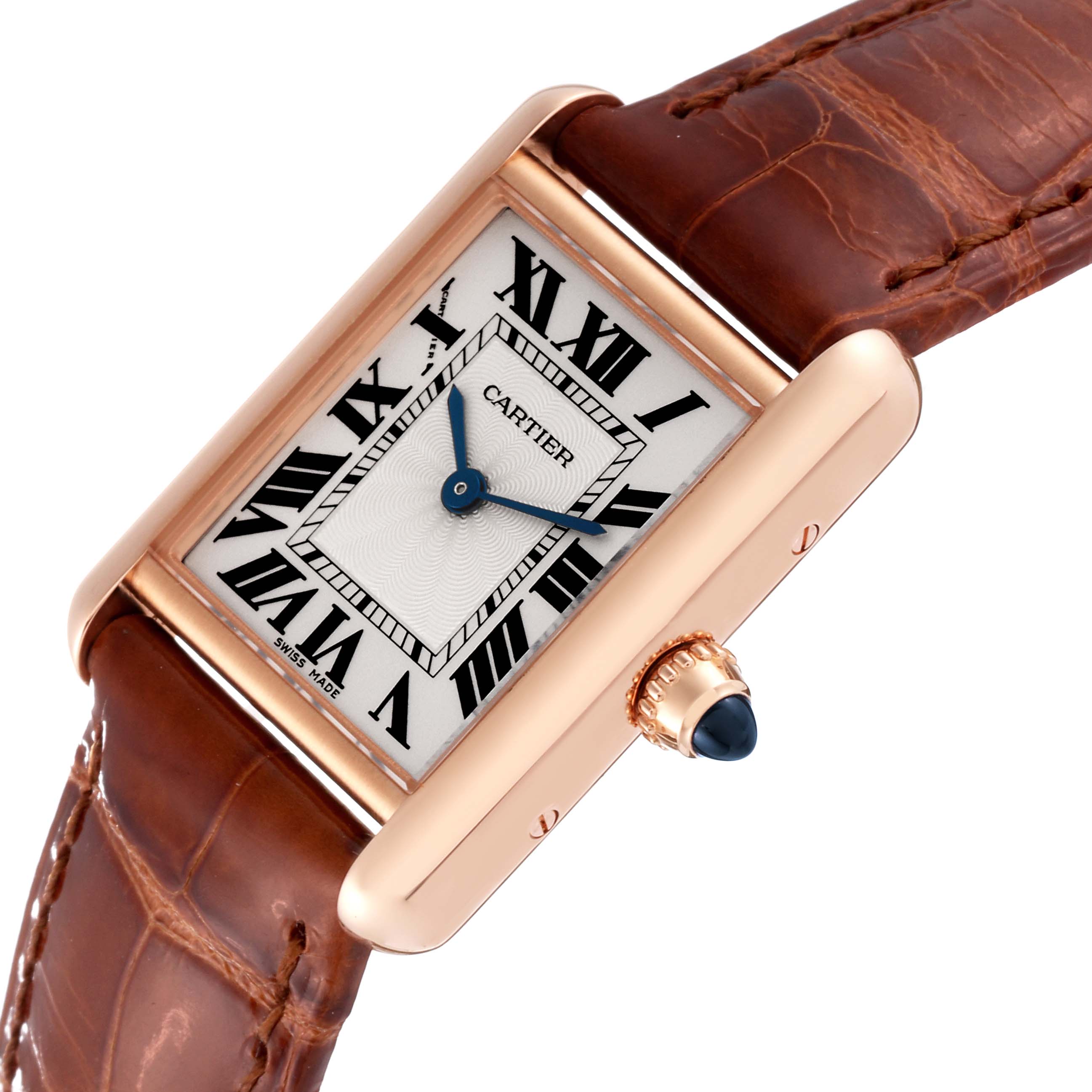 The image shows a close-up view of a Cartier Tank Louis WGTA0010 Women's Rose Gold Silver Dial WGTA0010 Women's Rose Gold Silver Dial watch, highlighting its face, Roman numerals, and crown with a leather strap.