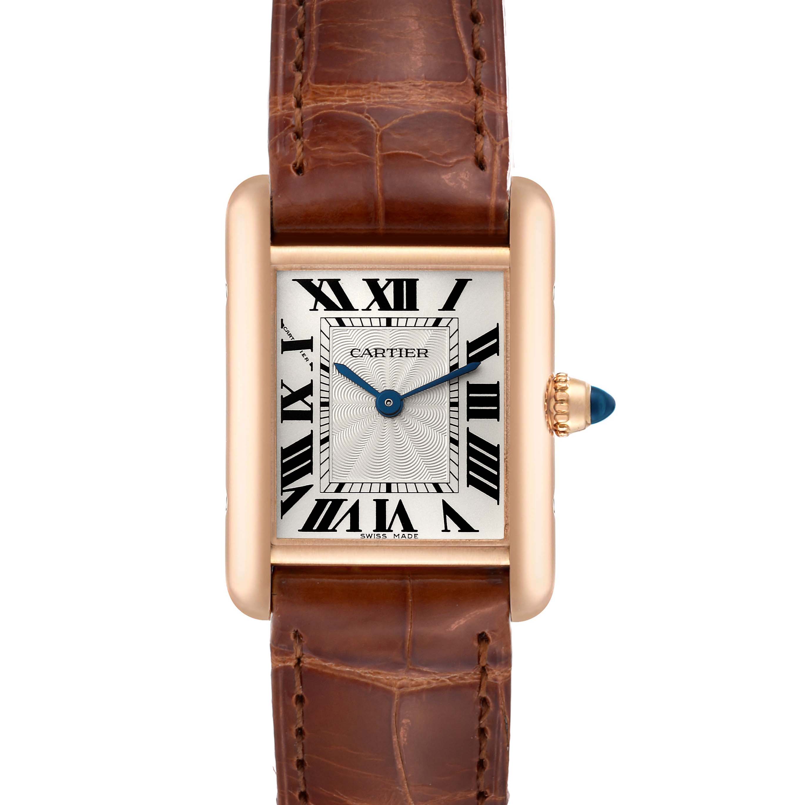 The image shows a front view of the Cartier Tank Louis WGTA0010 Women's Rose Gold Silver Dial WGTA0010 Women's Rose Gold Silver Dial watch, displaying its rectangular dial, Roman numerals, and leather strap.