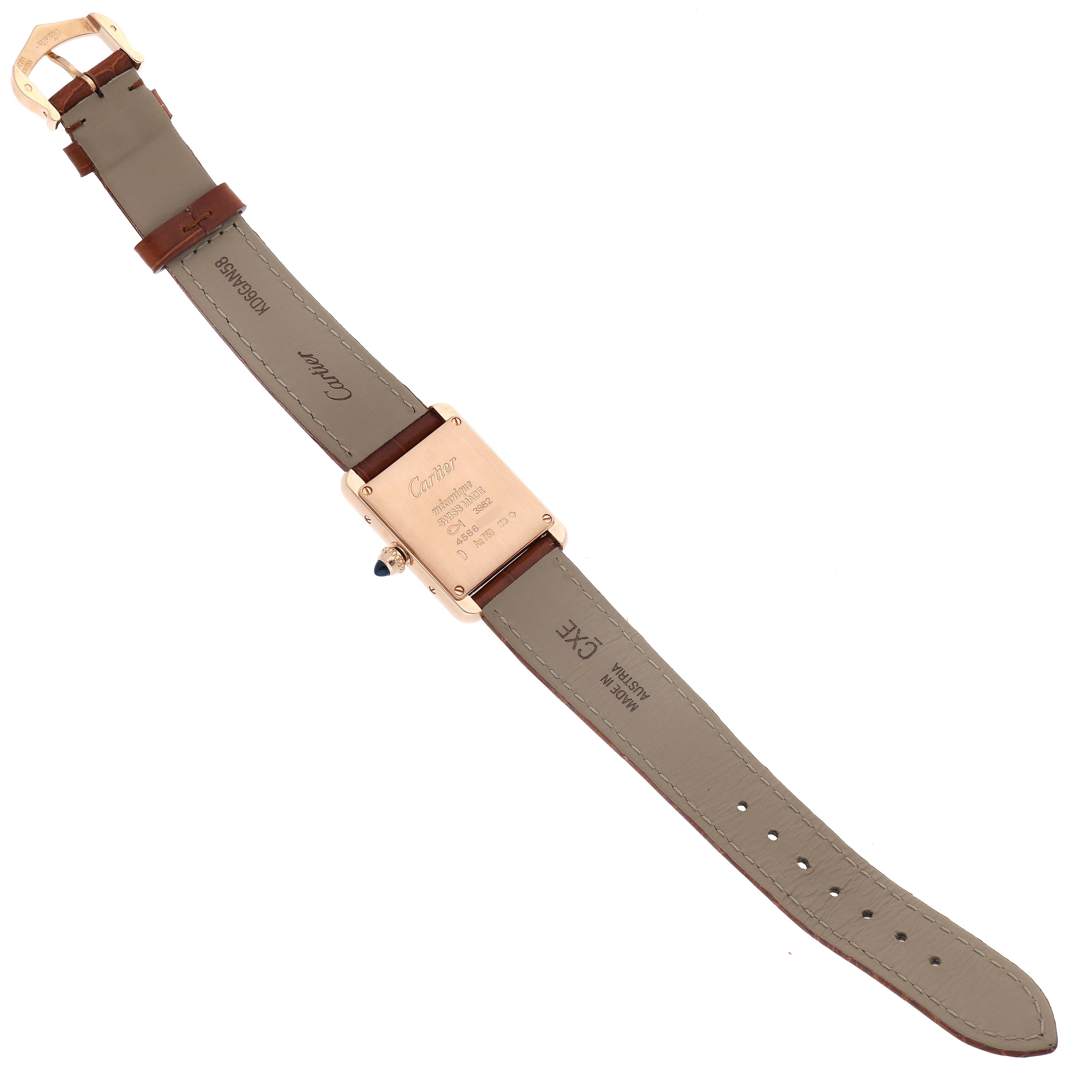 The image shows the back of the Tank Louis Cartier watch, including the case back, strap, and buckle.