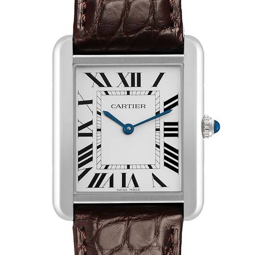 The Cartier Tank Solo W5200003 Men's Stainless Steel Silver Dial watch is shown from a front view, highlighting the face, blue hands, Roman numerals, and brown leather strap.