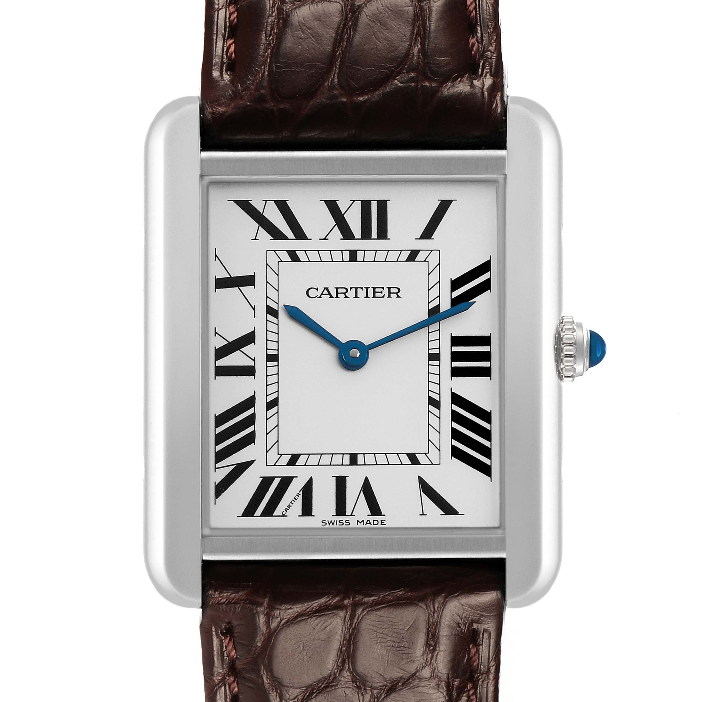 The Cartier Tank Solo W5200003 Men's Stainless Steel Silver Dial watch is shown from a front angle, featuring its dial, Roman numerals, blue hands, and brown leather strap.