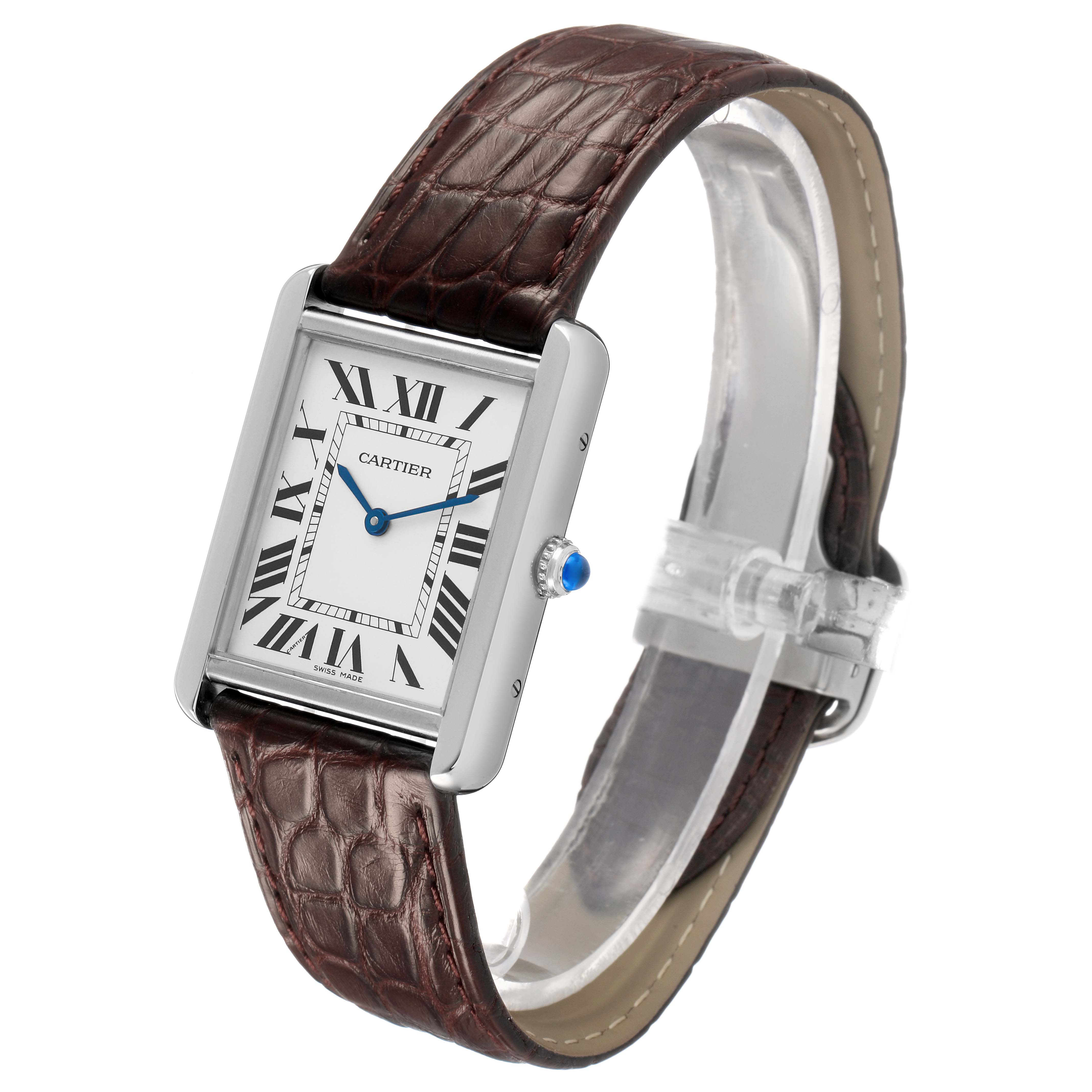 The Cartier Tank Solo W5200003 Men's Stainless Steel Silver Dial watch is shown at an angled perspective, highlighting the face, bezel, and leather strap.