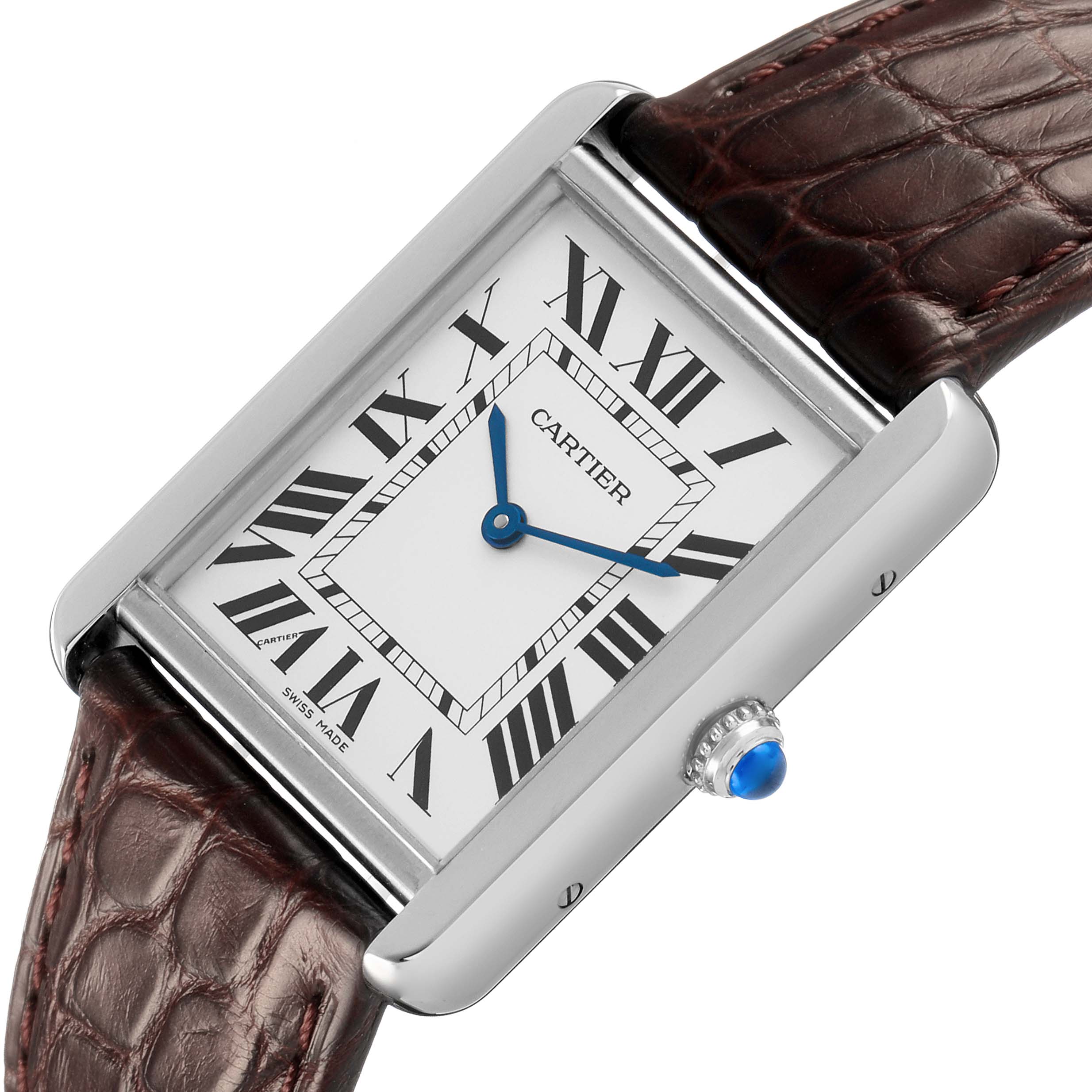 The Cartier Tank Solo W5200003 Men's Stainless Steel Silver Dial watch is shown at an angle displaying its rectangular face, Roman numerals, blue hands, and leather strap.