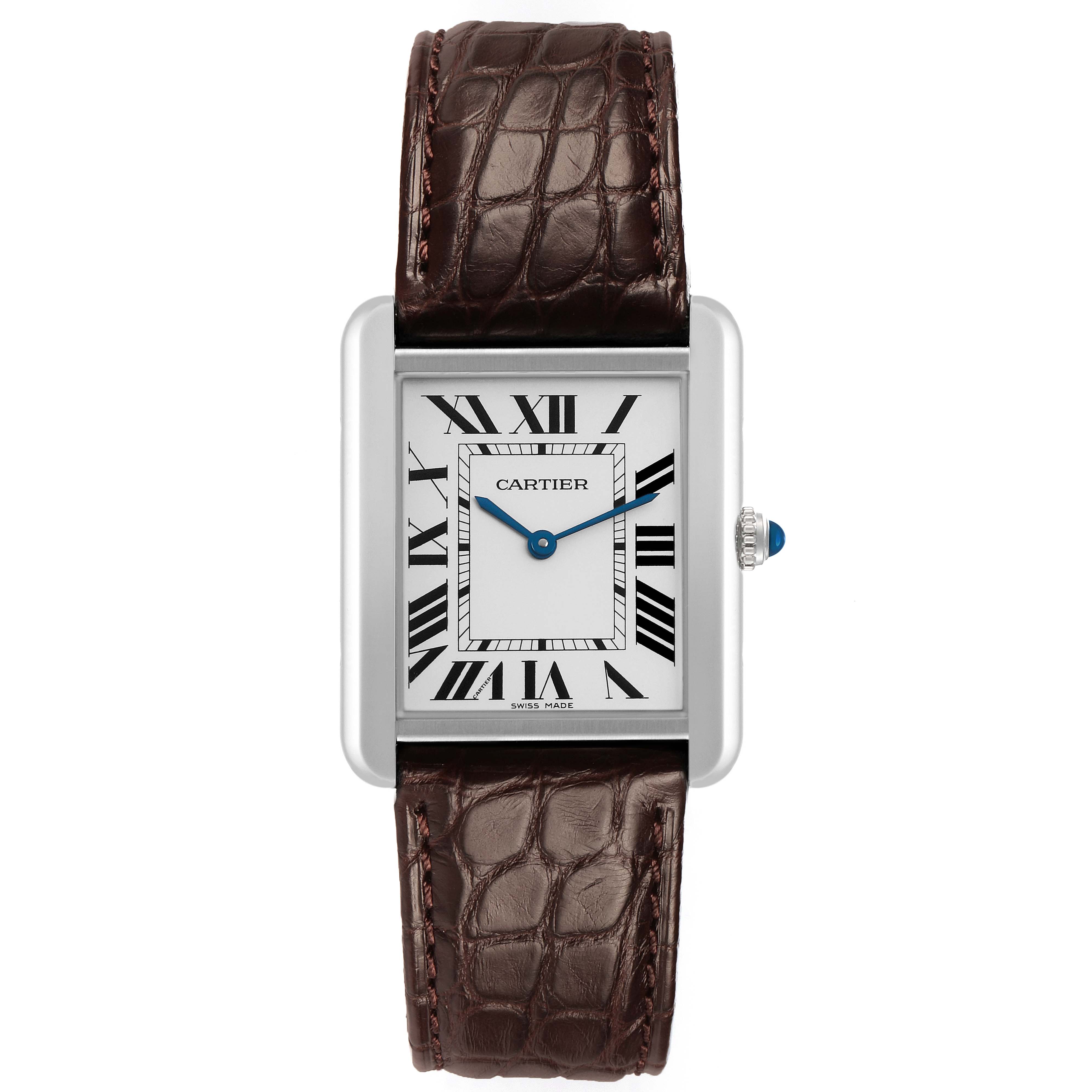 The Cartier Tank Solo W5200003 Men's Stainless Steel Silver Dial watch is shown from the front, highlighting its rectangular face, Roman numerals, and leather strap.
