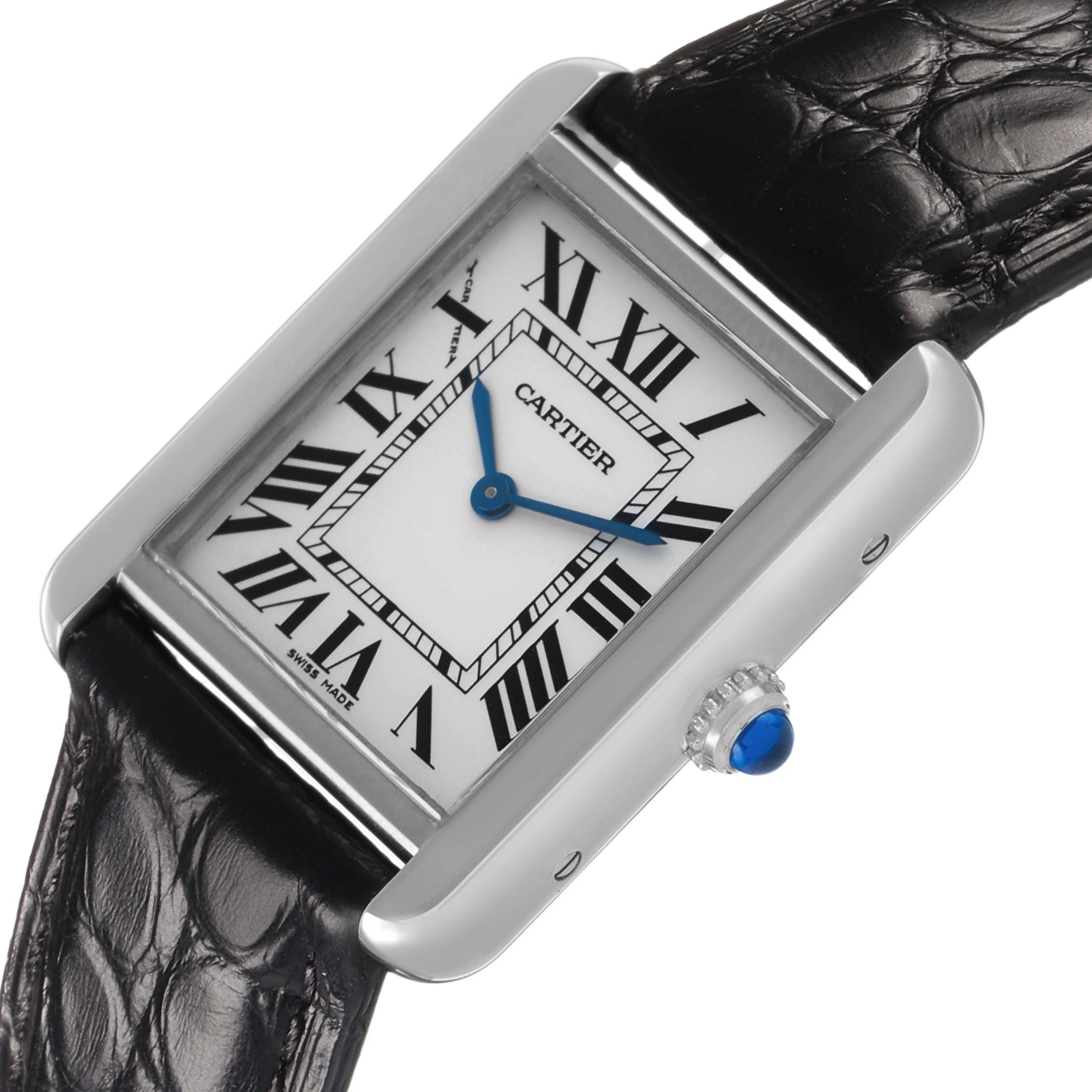 The Cartier Tank Solo W1018255 Women's Stainless Steel Silver Dial watch is shown from a slight angle, displaying the face, crown, and part of the leather strap.