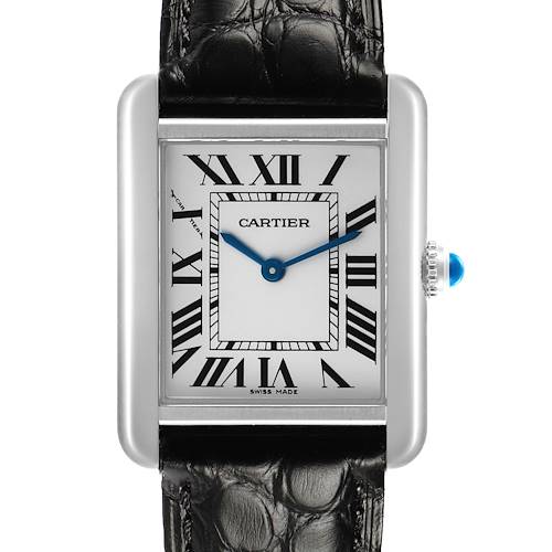 The Cartier Tank Solo W1018255 Women's Stainless Steel Silver Dial watch is shown from the front, displaying its rectangular face, Roman numerals, and black leather strap.