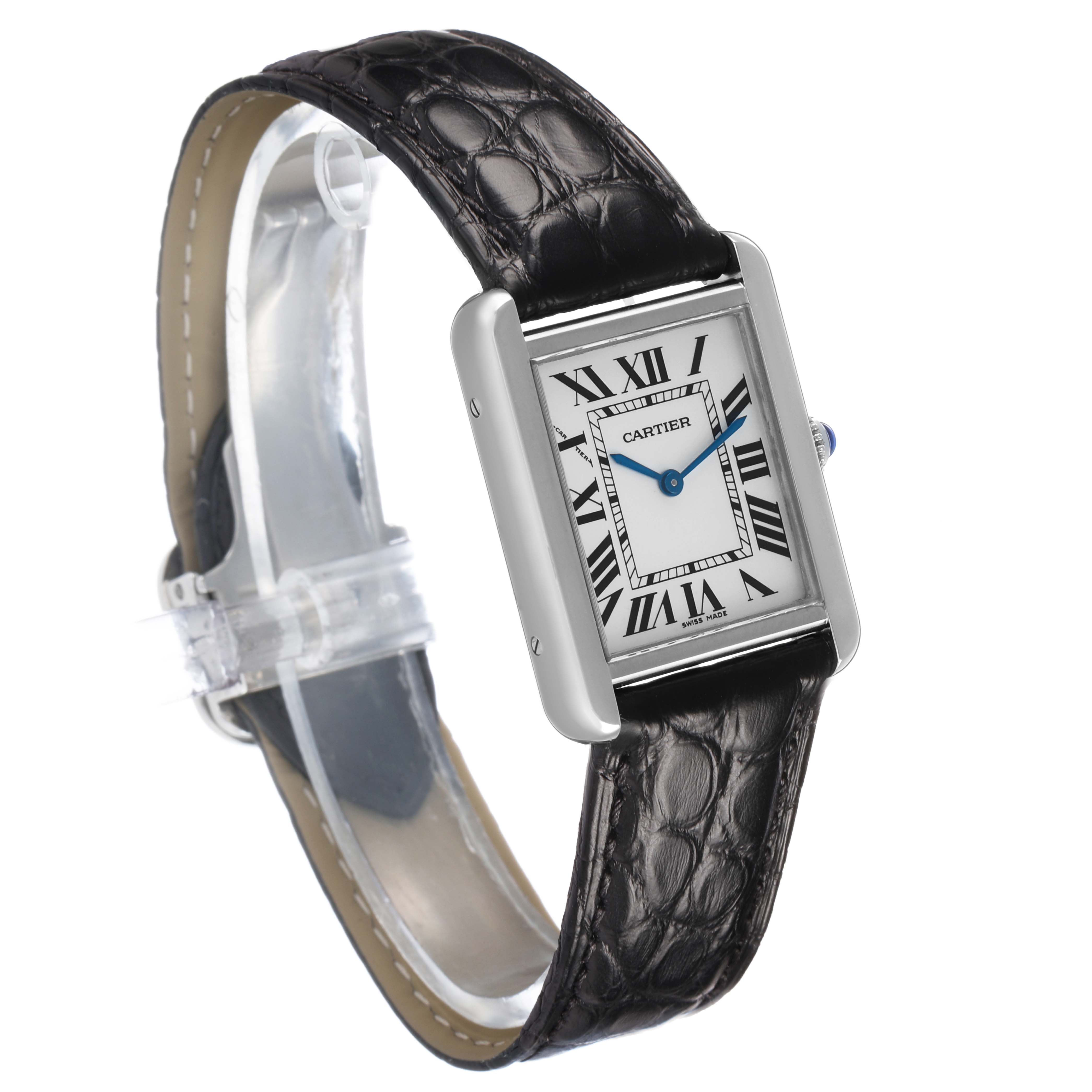 The Cartier Tank Solo W1018255 Women's Stainless Steel Silver Dial watch is shown at a three-quarter angle, highlighting its rectangular face and black leather strap.