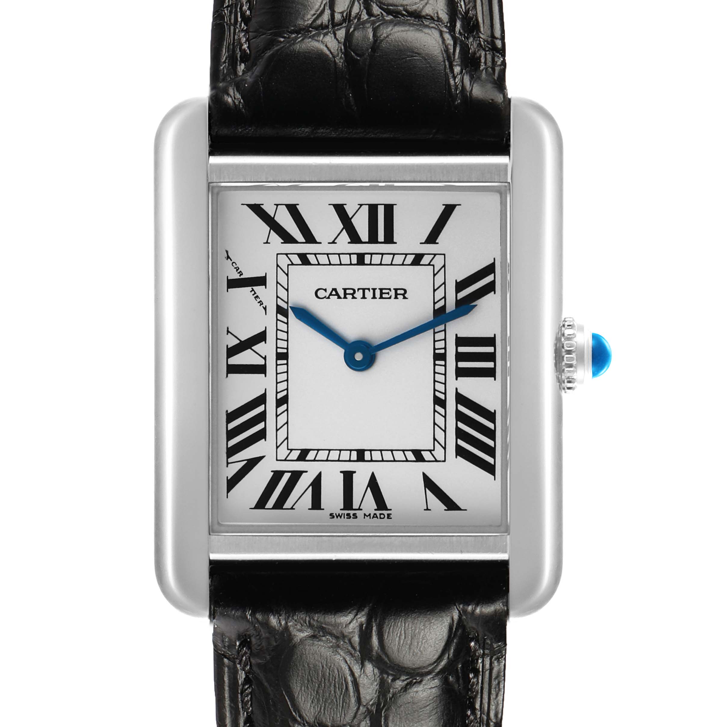 The Cartier Tank Solo W1018255 Women's Stainless Steel Silver Dial watch is shown from the front, highlighting its rectangular face, Roman numerals, and leather strap.