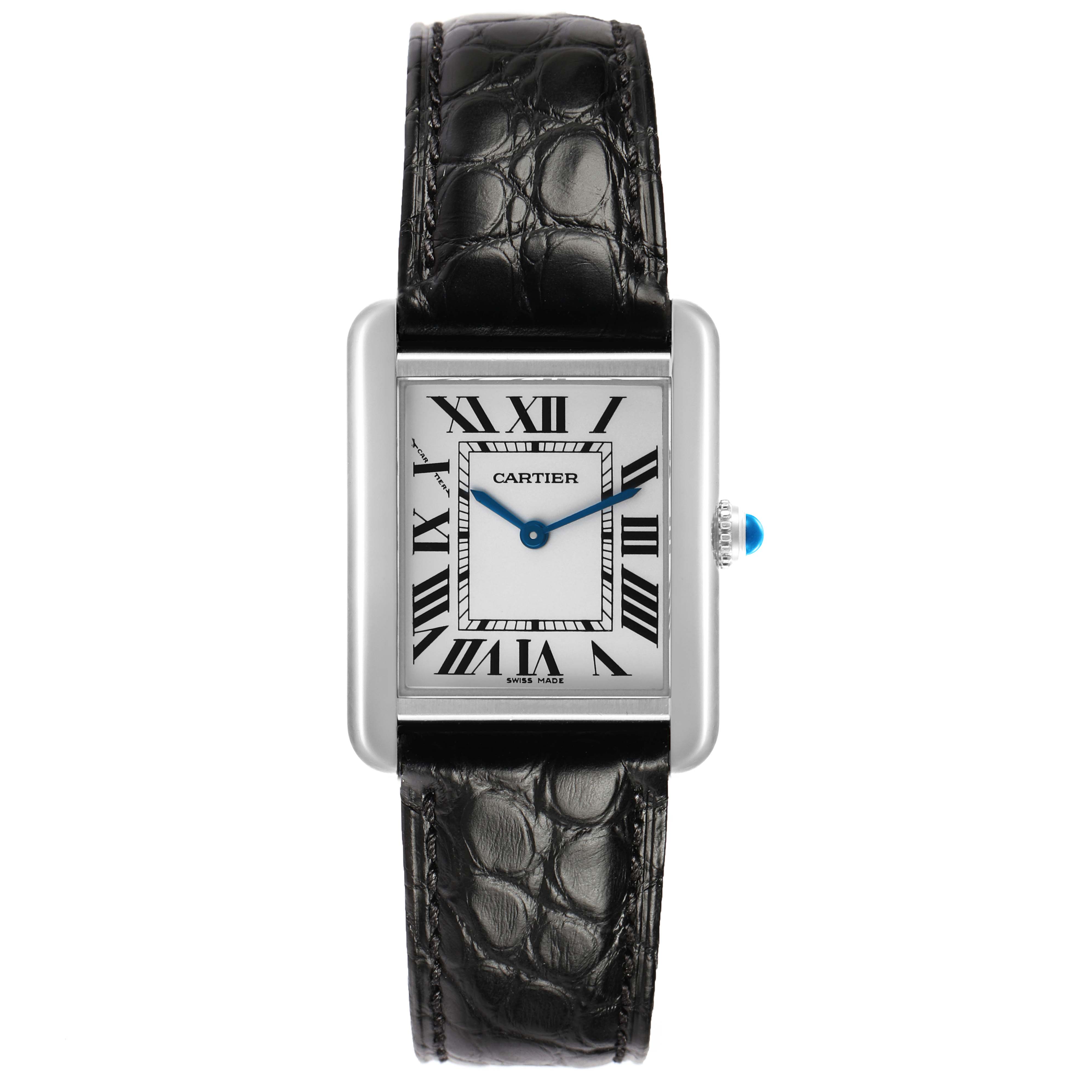 The Cartier Tank Solo W1018255 Women's Stainless Steel Silver Dial watch is shown from a front angle, displaying its dial, blue hands, Roman numerals, and leather strap.