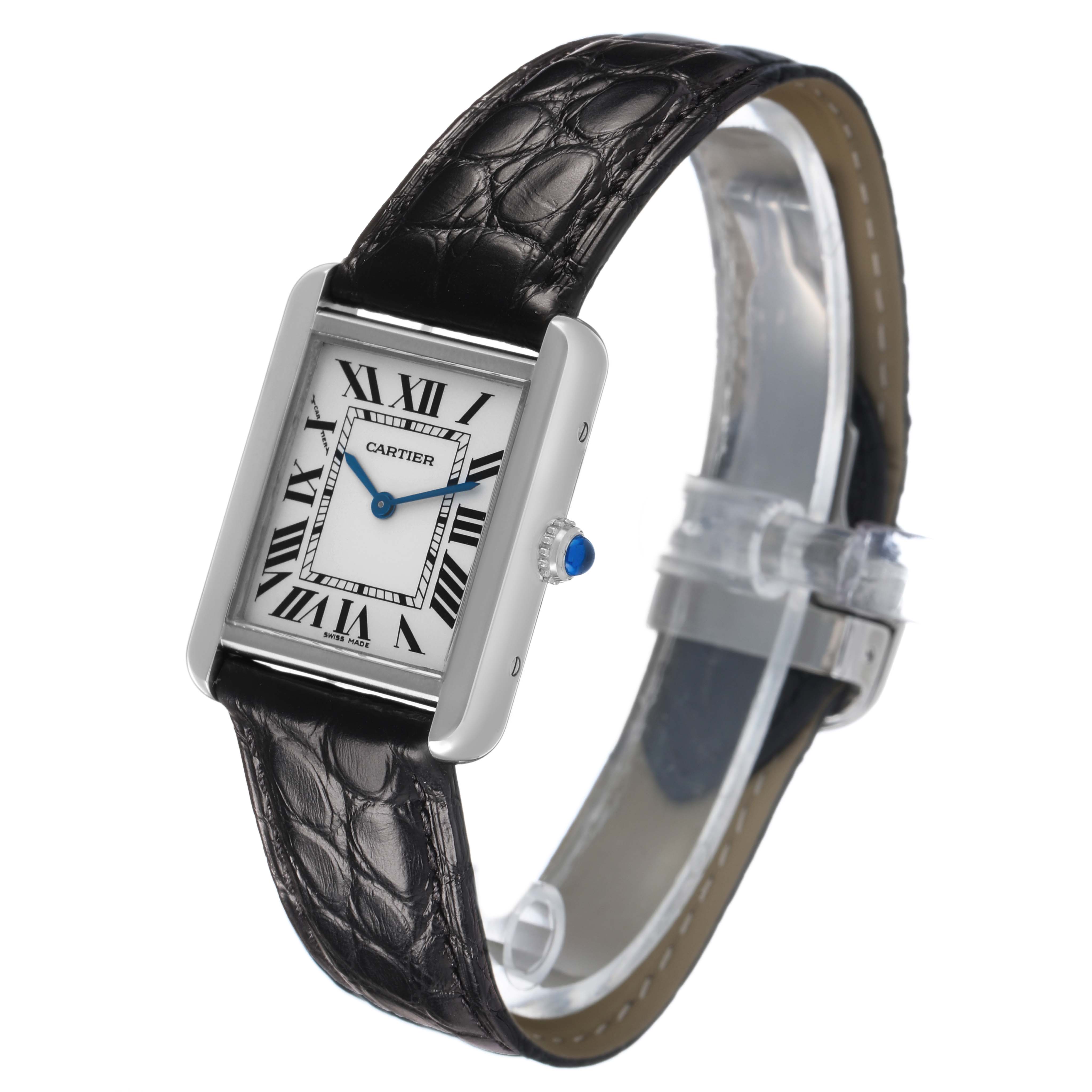The Cartier Tank Solo W1018255 Women's Stainless Steel Silver Dial watch is shown at an angled view highlighting the rectangular case, Roman numeral dial, and black leather strap.