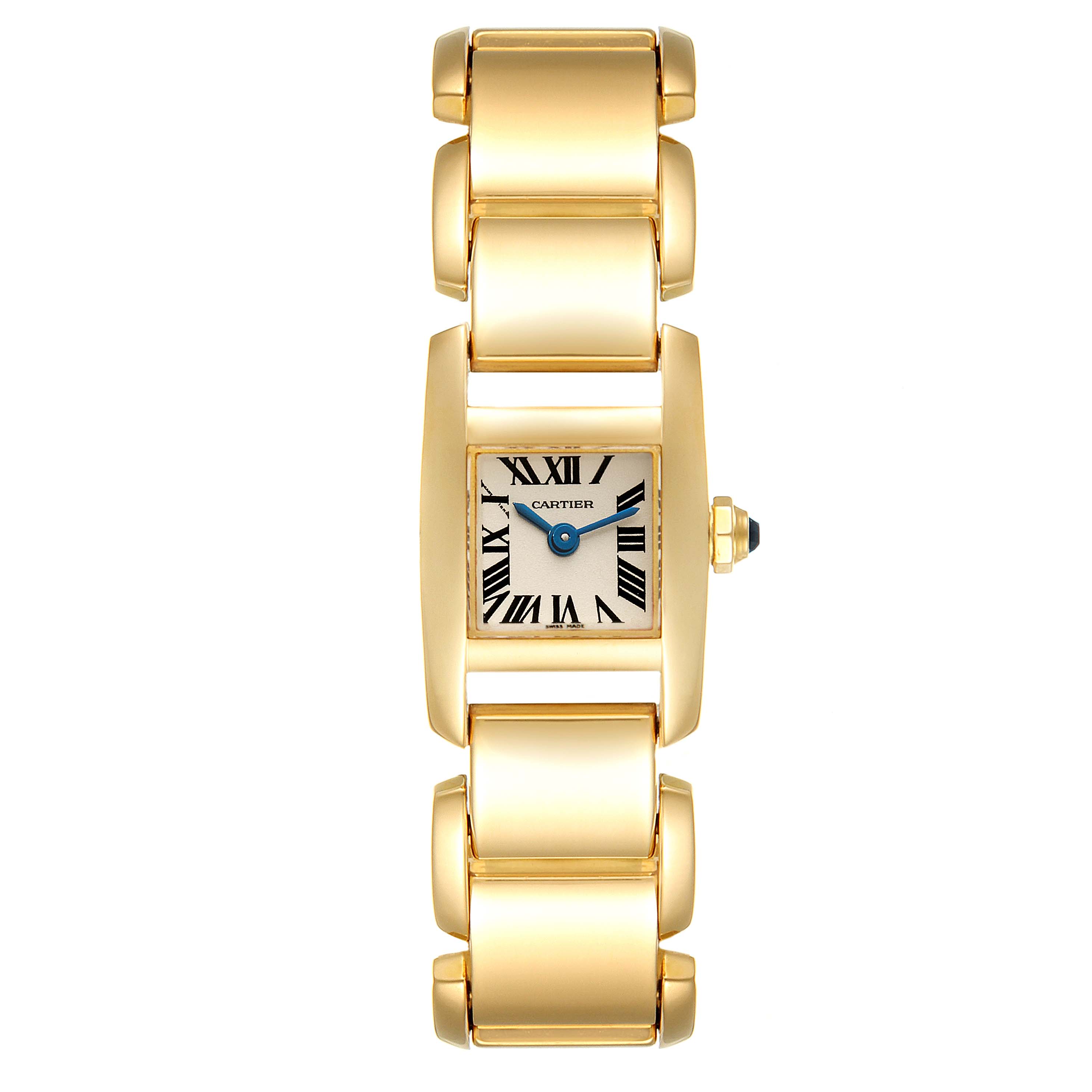 This image shows an overhead view of the Cartier Tankissime W650048H Women's Yellow Gold Silver Dial W650048H Women's Yellow Gold Silver Dial watch, highlighting its face, bracelet, and crown.