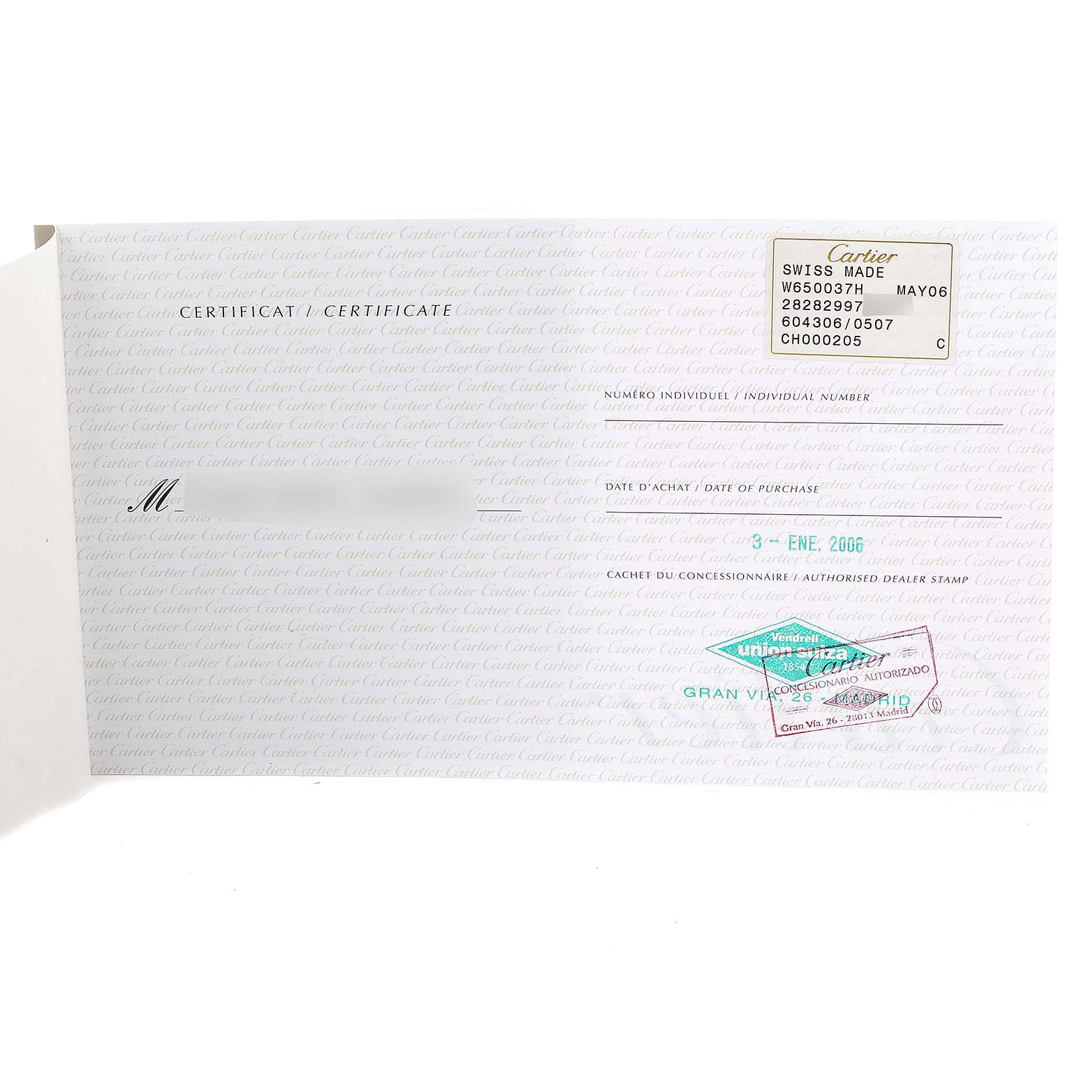 This image shows a certificate for the Tankissime model by Cartier, including purchase details and authorized dealer stamps.