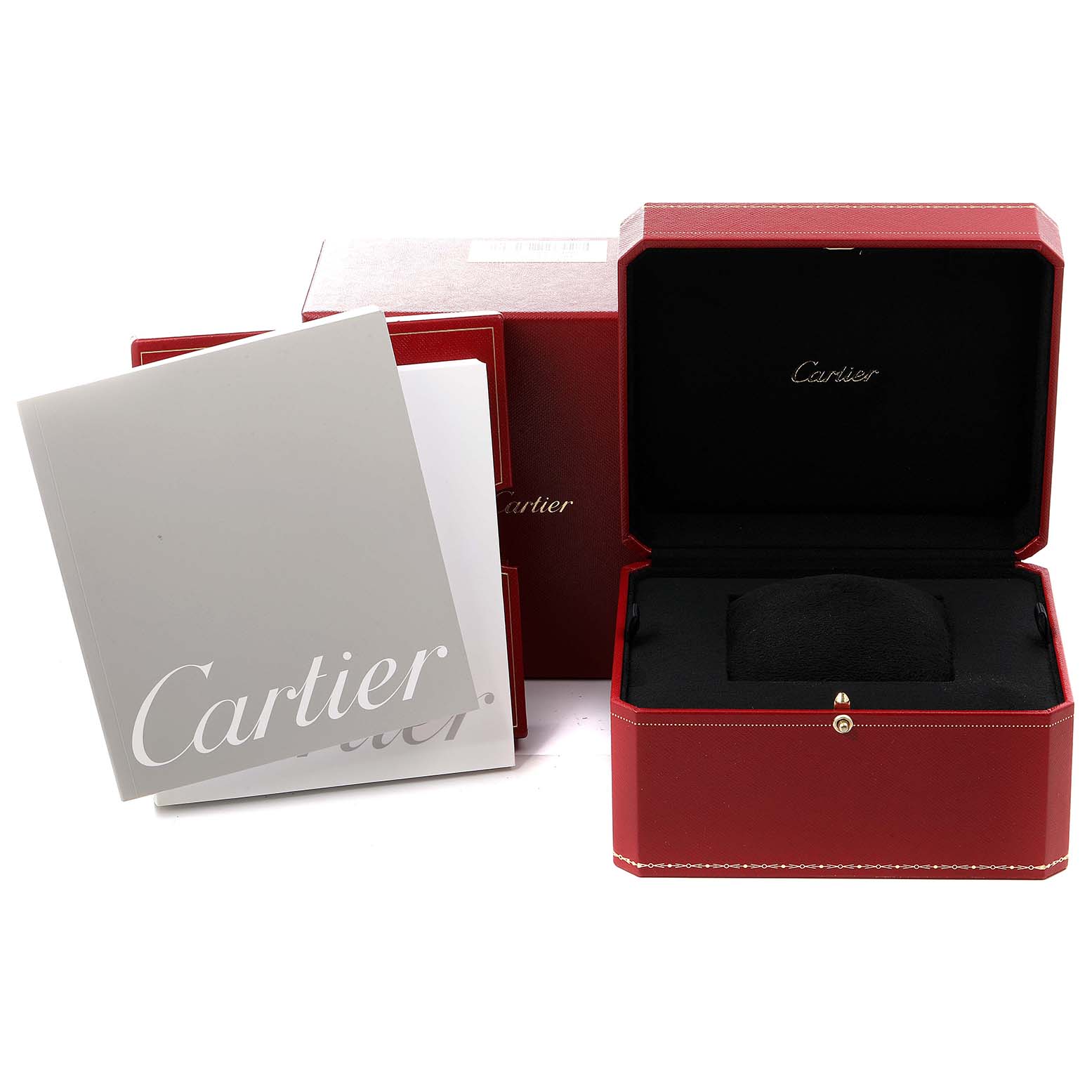 The image shows the packaging and accessories for a Cartier Tankissime W650048H Women's Yellow Gold Silver Dial W650048H Women's Yellow Gold Silver Dial watch, including the watch box and manuals.