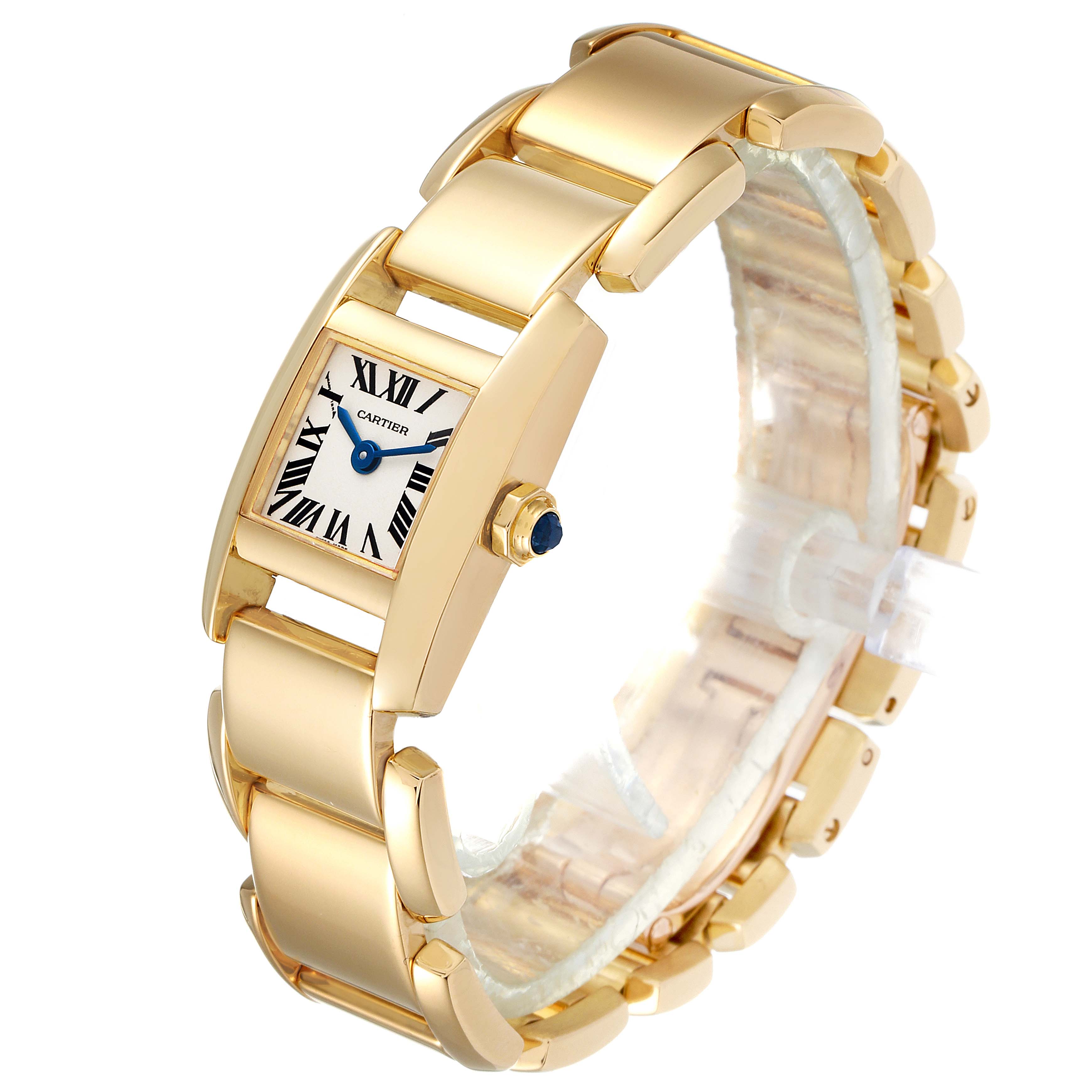 The image shows a Cartier Tankissime W650048H Women's Yellow Gold Silver Dial W650048H Women's Yellow Gold Silver Dial watch from a three-quarter angle, highlighting its gold bracelet and rectangular dial with Roman numerals.